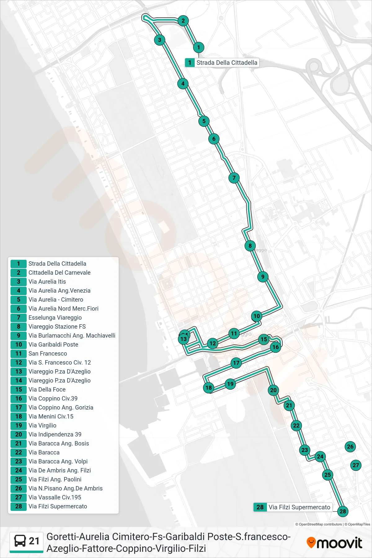 Linea 21  bus (Via Filzi Supermercato) - Percorsi e fermate sulla mappa