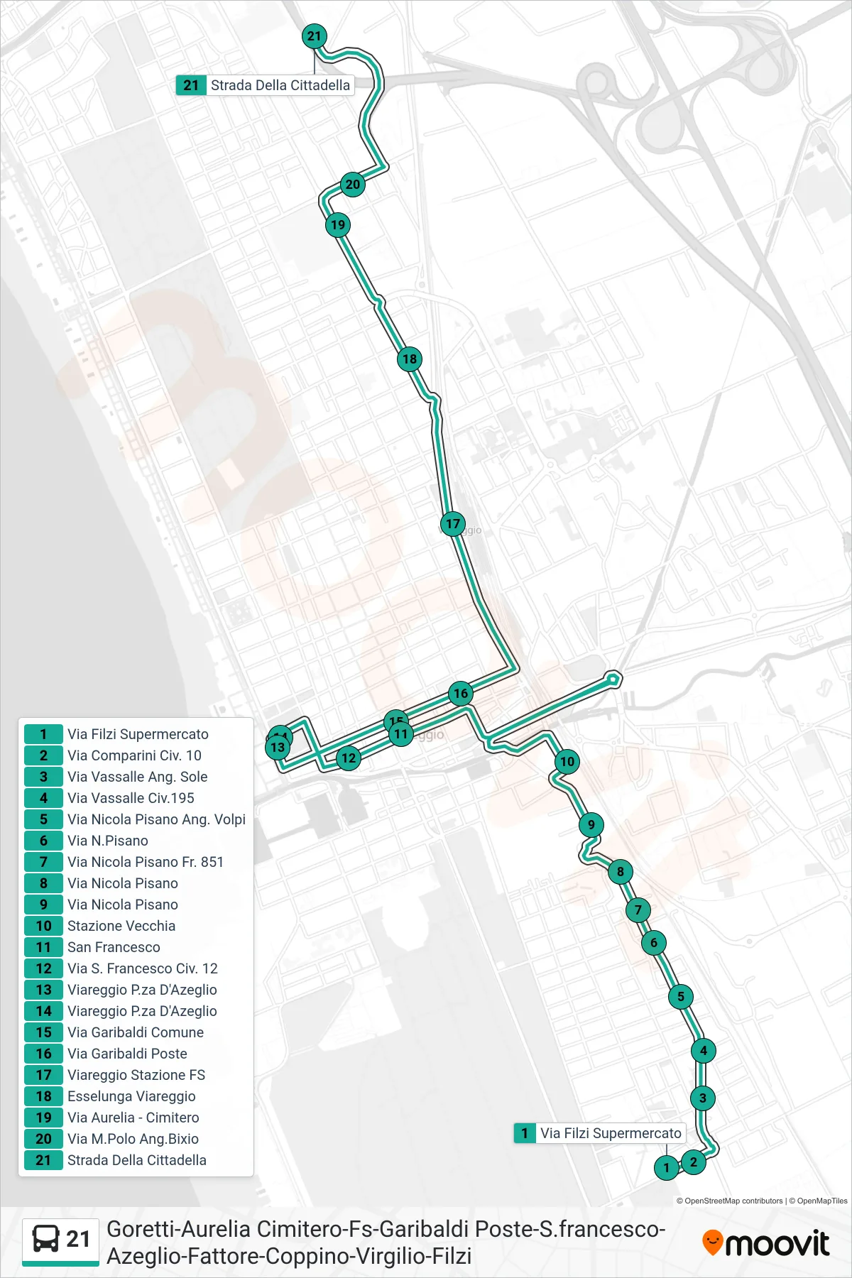 Linea 21 bus (Strada Della Cittadella) - Percorsi e fermate sulla mappa