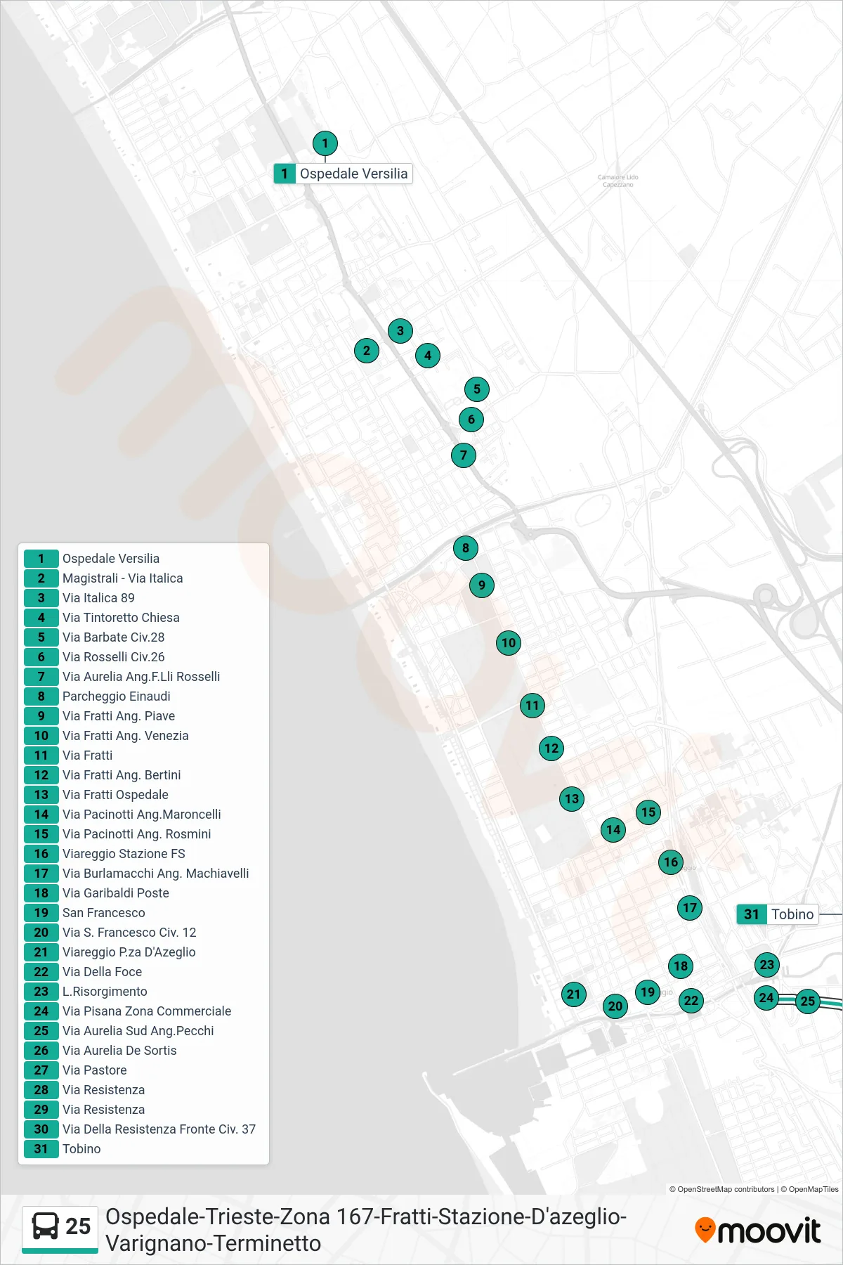 Linea 25  bus (Tobino) - Percorsi e fermate sulla mappa