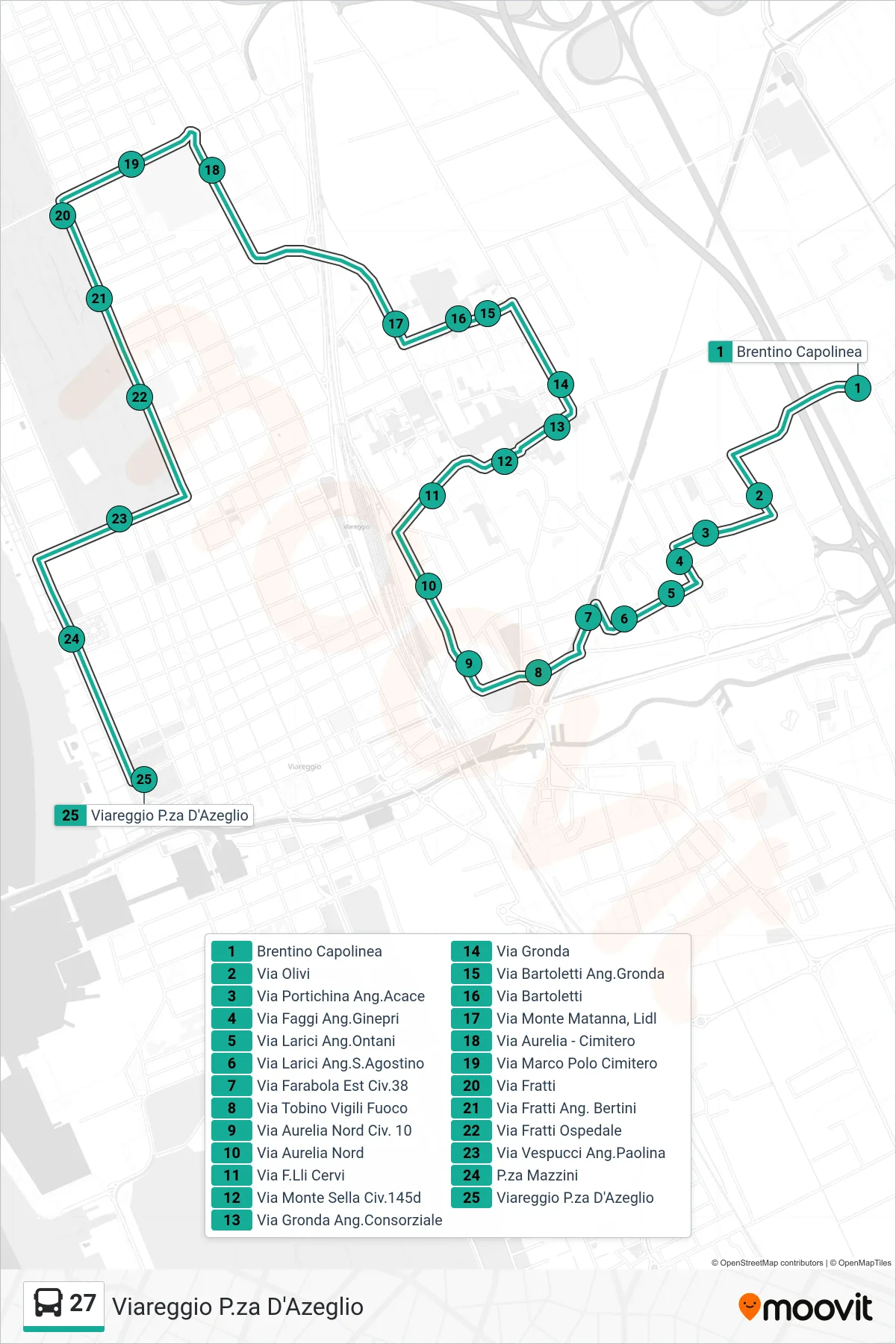 Linea 27  bus (Viareggio P.za D'Azeglio) - Percorsi e fermate sulla mappa