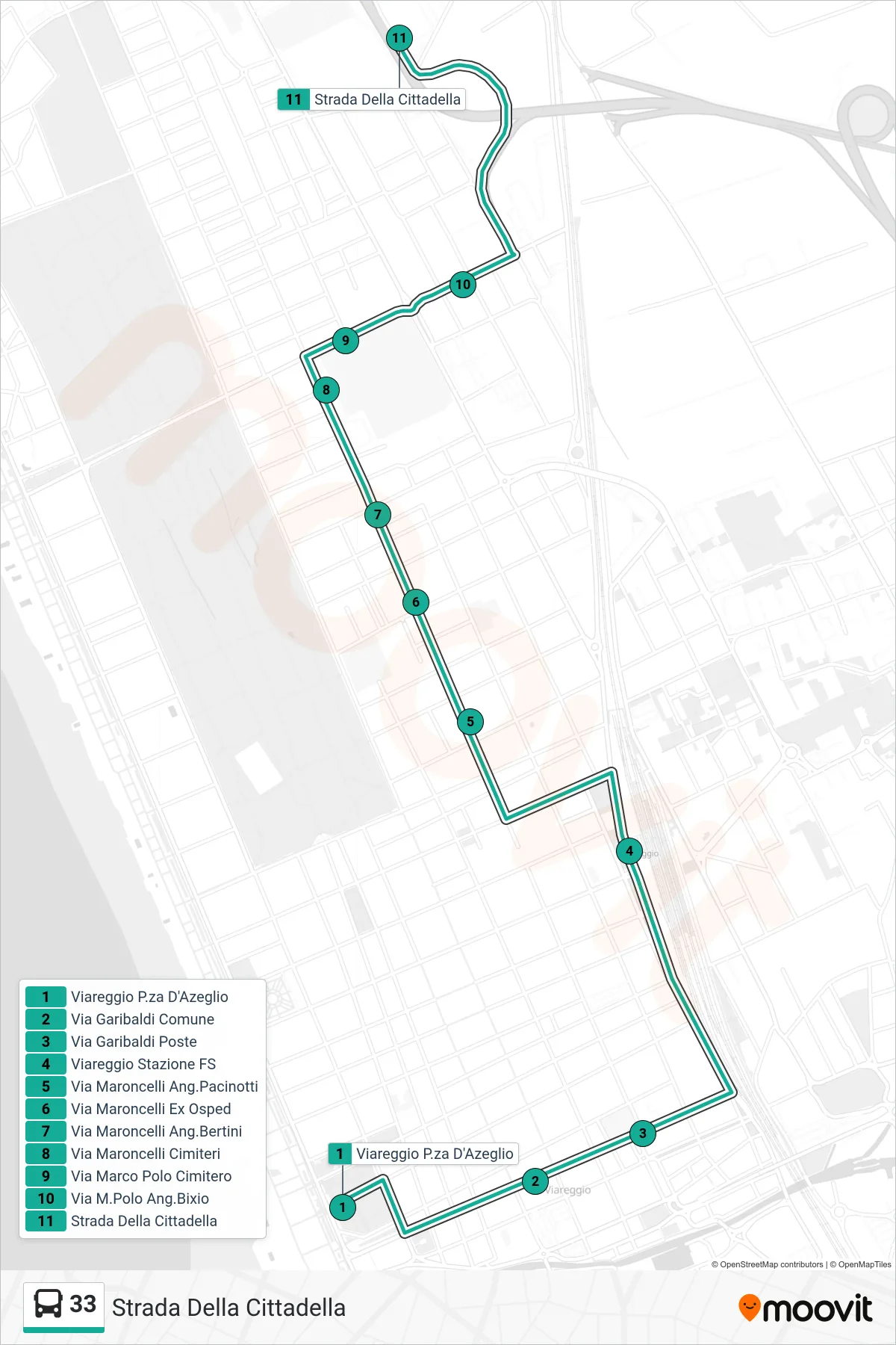 Linea 33  bus (Strada Della Cittadella) - Percorsi e fermate sulla mappa