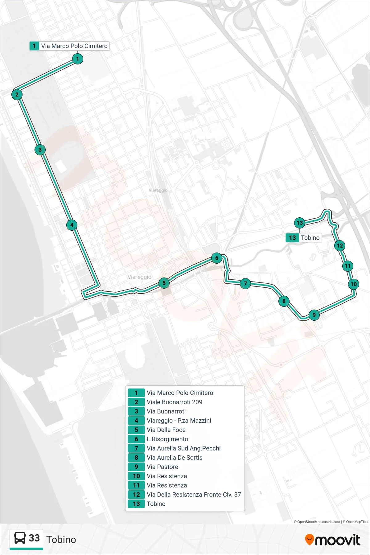 Linea 33  bus (Tobino) - Percorsi e fermate sulla mappa