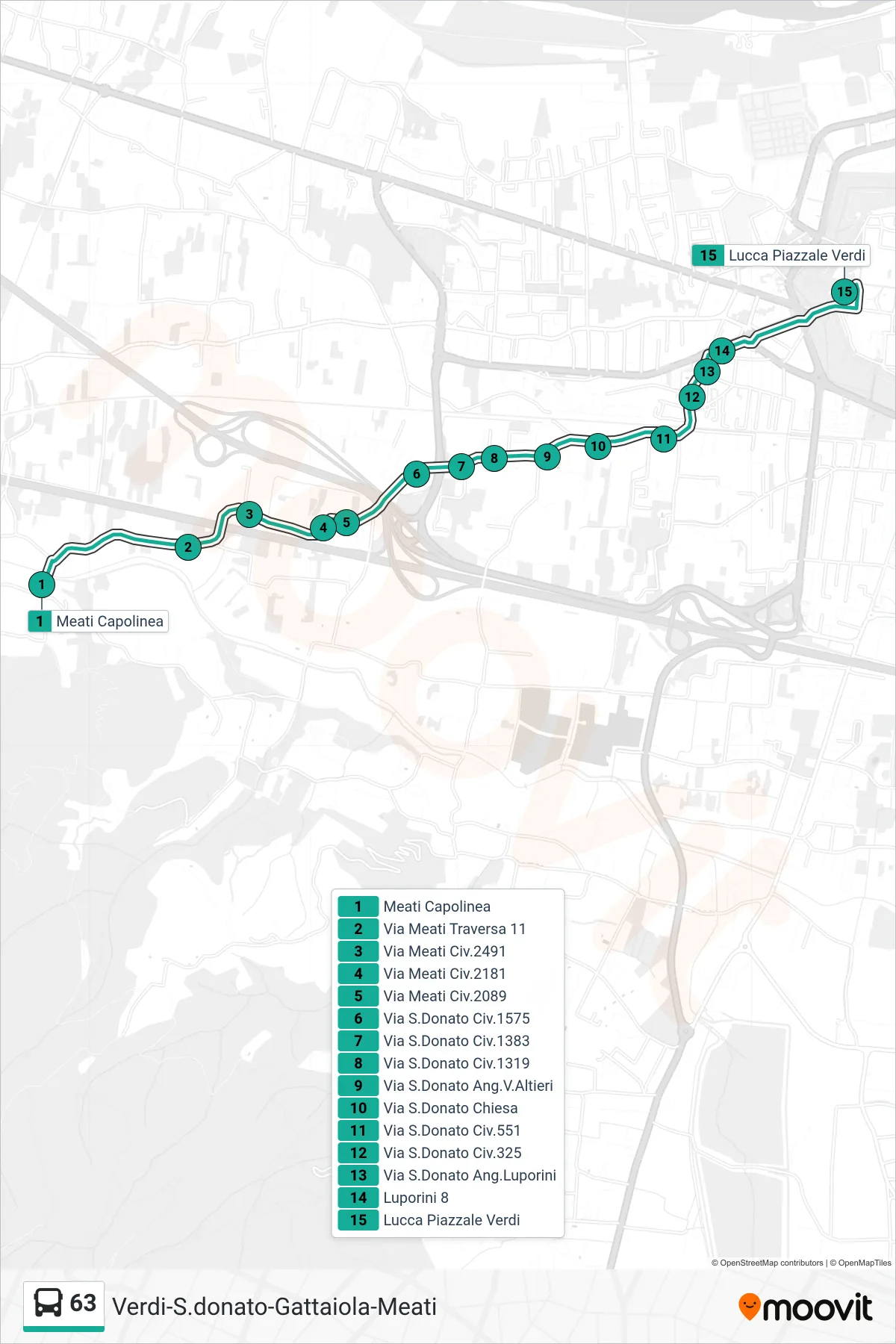 Linea 63  bus (Lucca Piazzale Verdi) - Percorsi e fermate sulla mappa