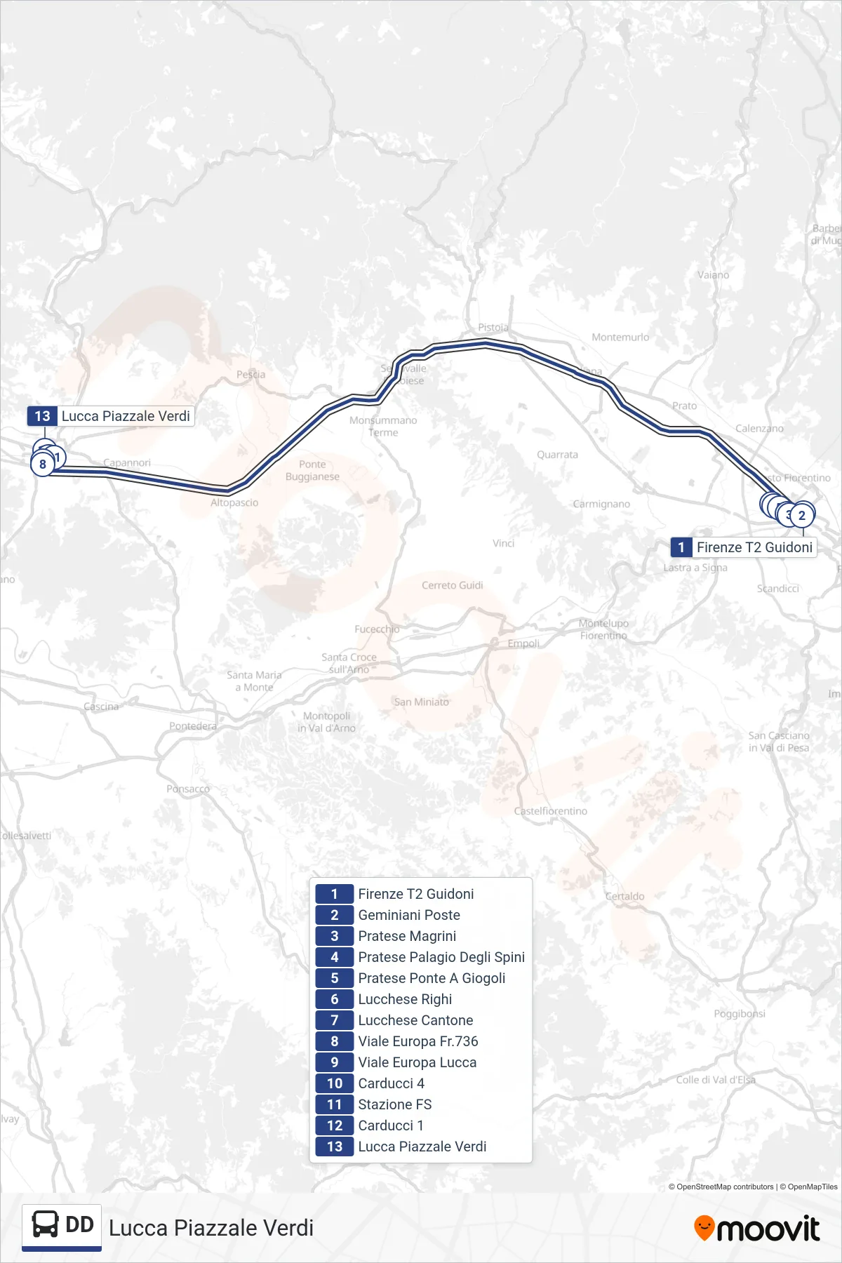 Linea DD bus (Lucca Piazzale Verdi) - Percorsi e fermate sulla mappa