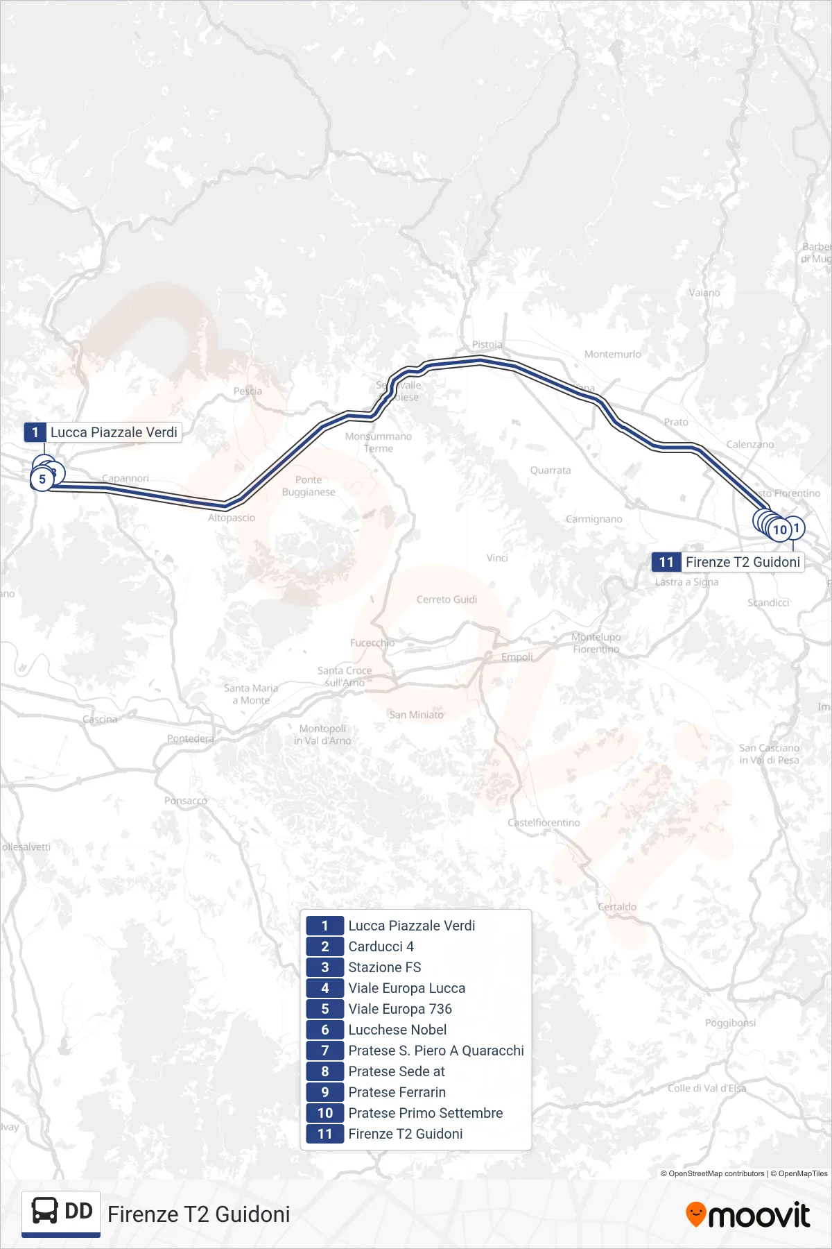 Linea DD bus (Firenze T2 Guidoni) - Percorsi e fermate sulla mappa