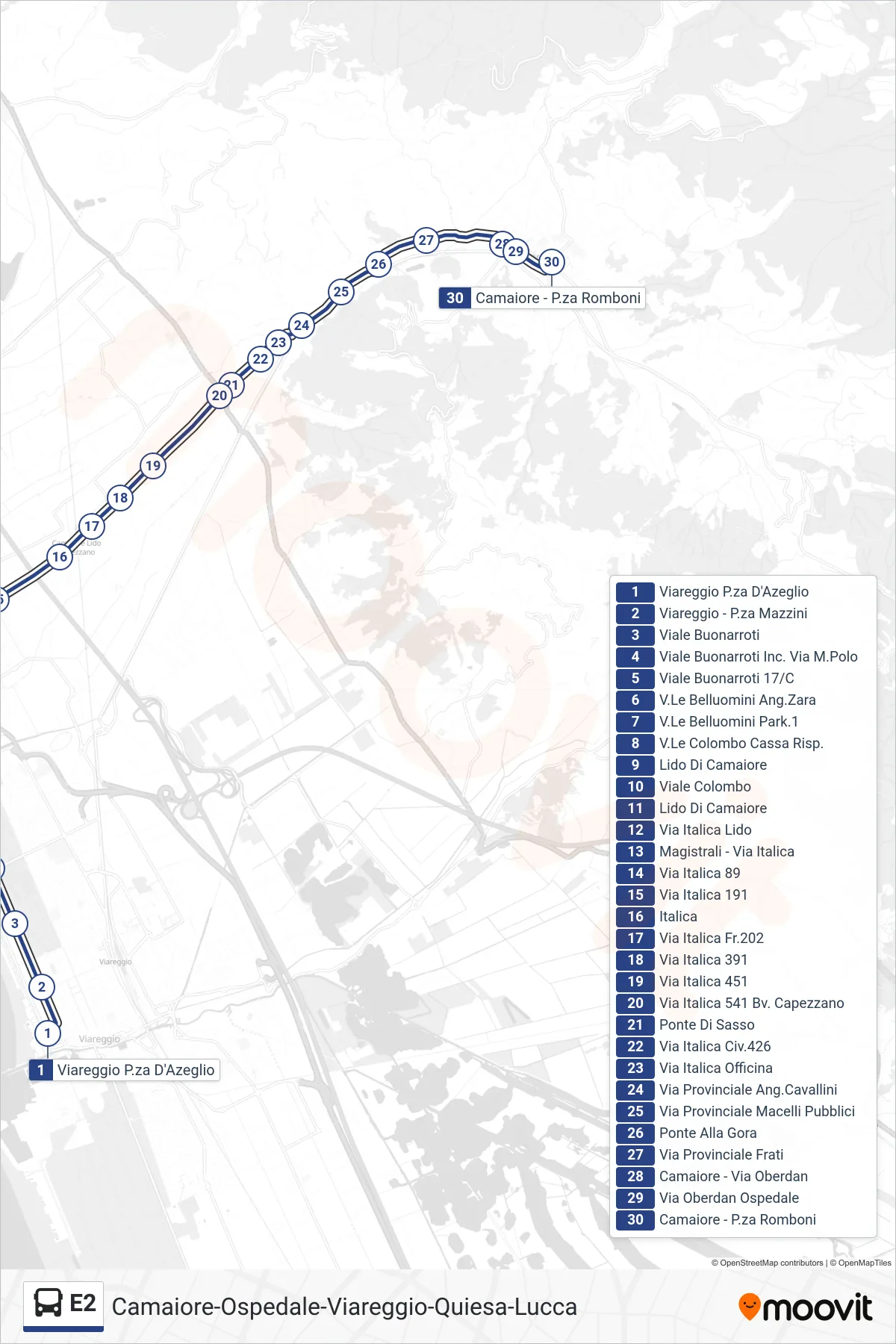 E2 bus Line (Romboni Square) route and stops on a map