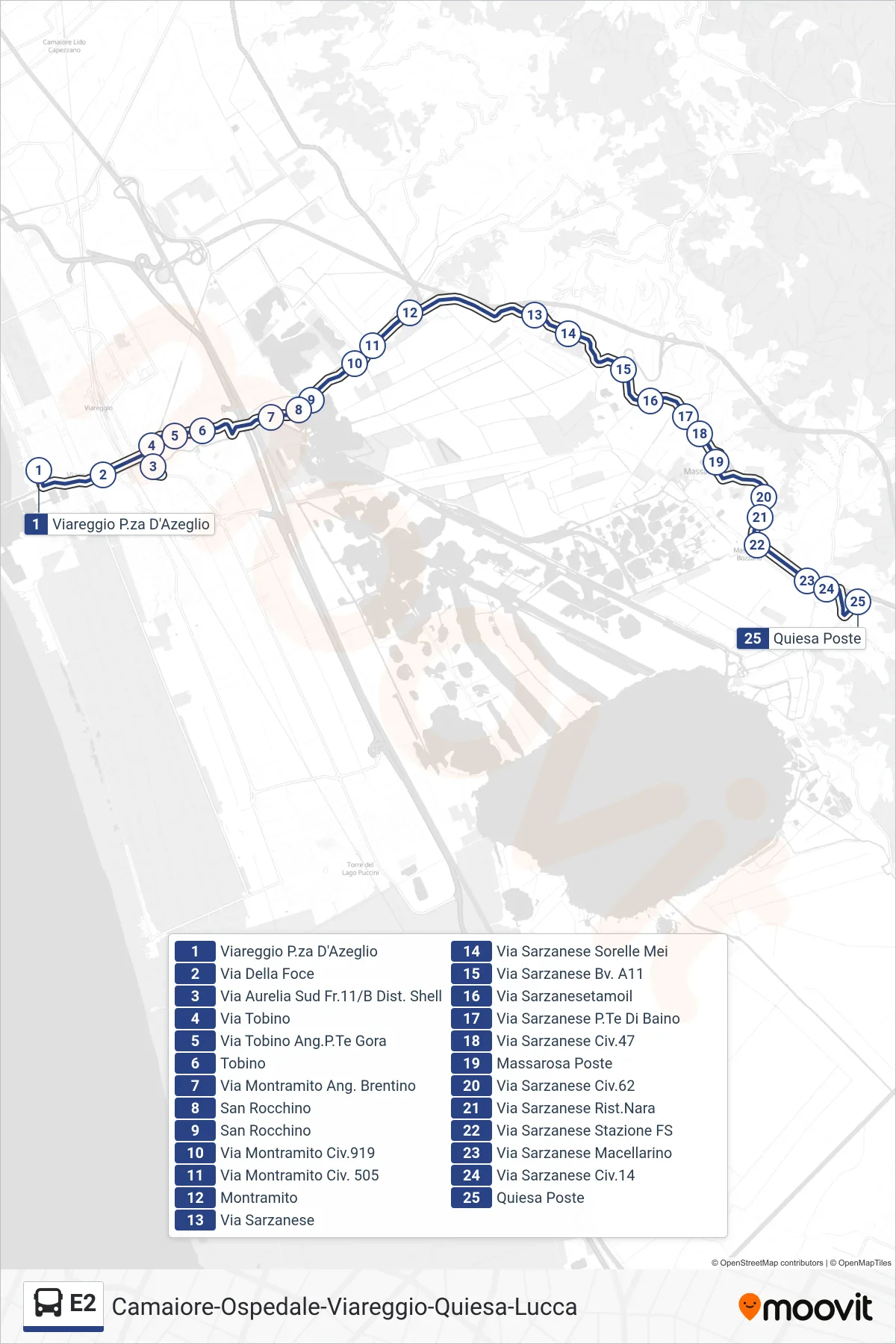 E2 bus Line (Quiesa Post Office) route and stops on a map