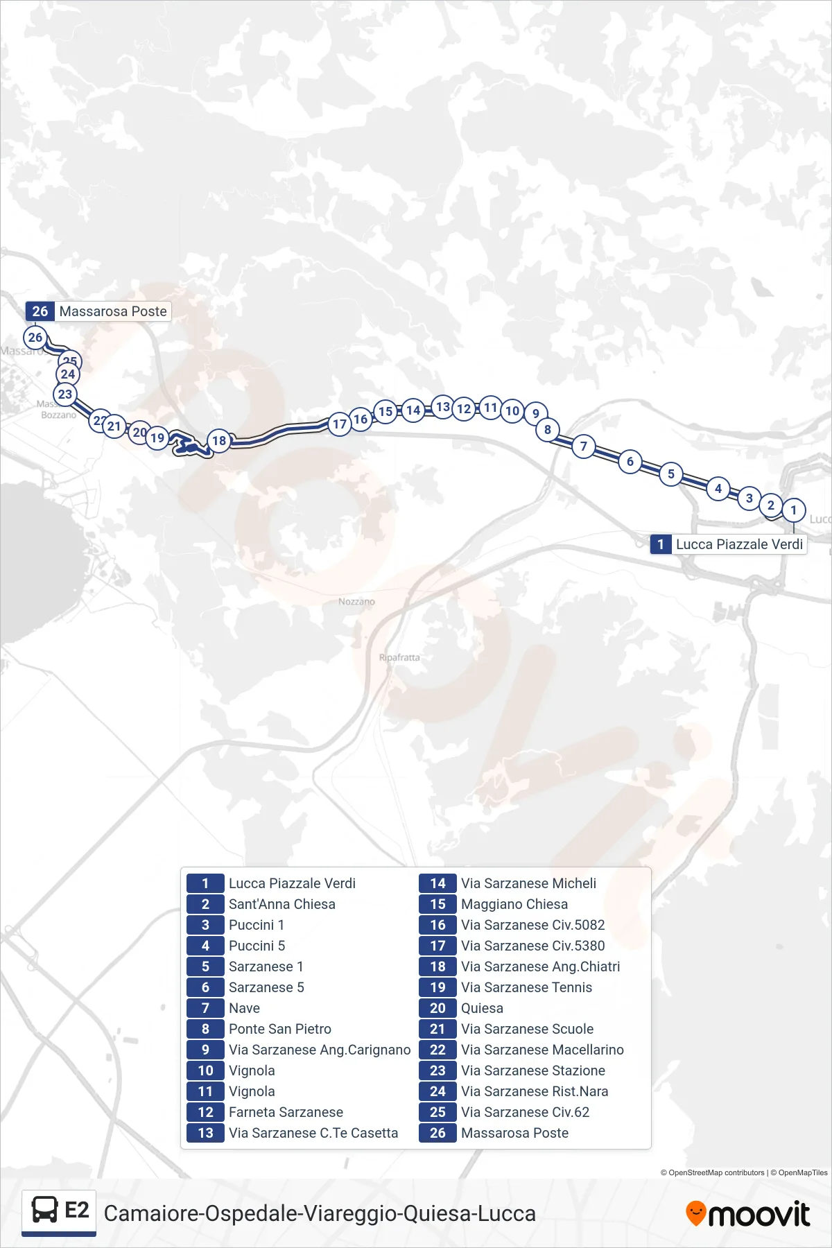 E2 bus Line (Massarosa Post Office) route and stops on a map