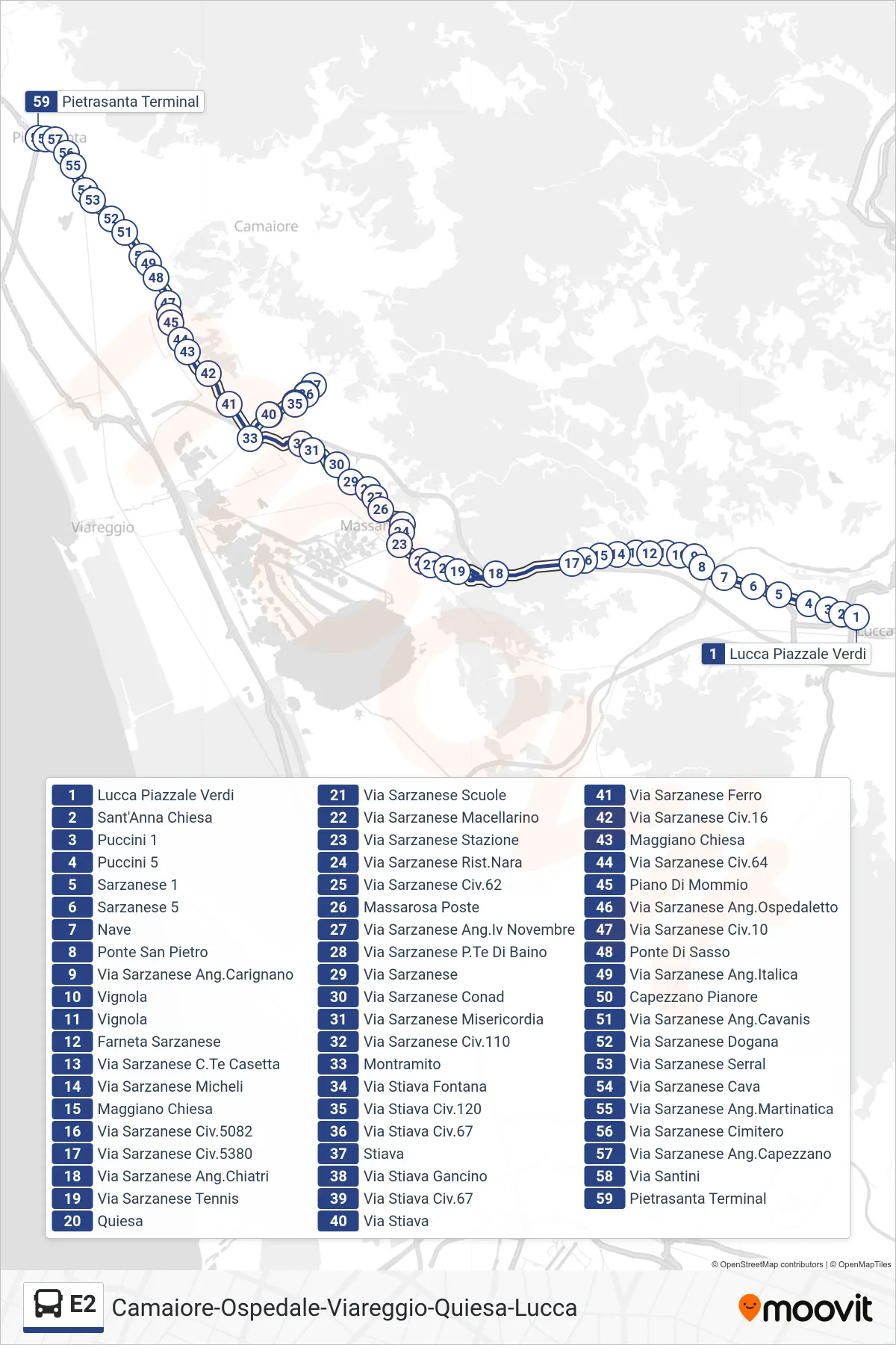 E2 bus Line (Pietrasanta Terminal) route and stops on a map