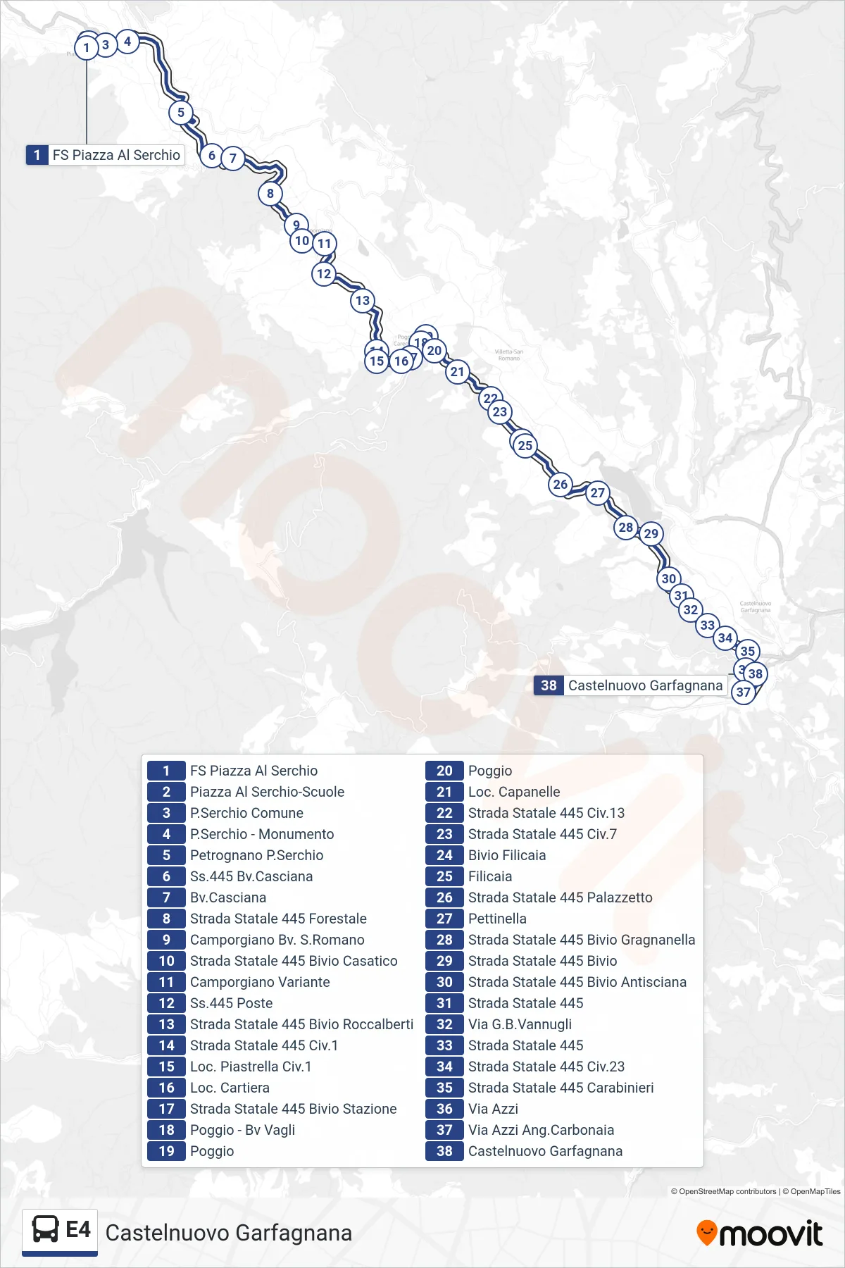 Linea E4 bus (Castelnuovo Garfagnana) - Percorsi e fermate sulla mappa