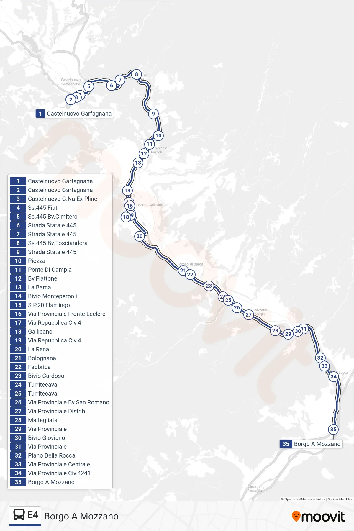 Linea E4 bus (Borgo A Mozzano) - Percorsi e fermate sulla mappa