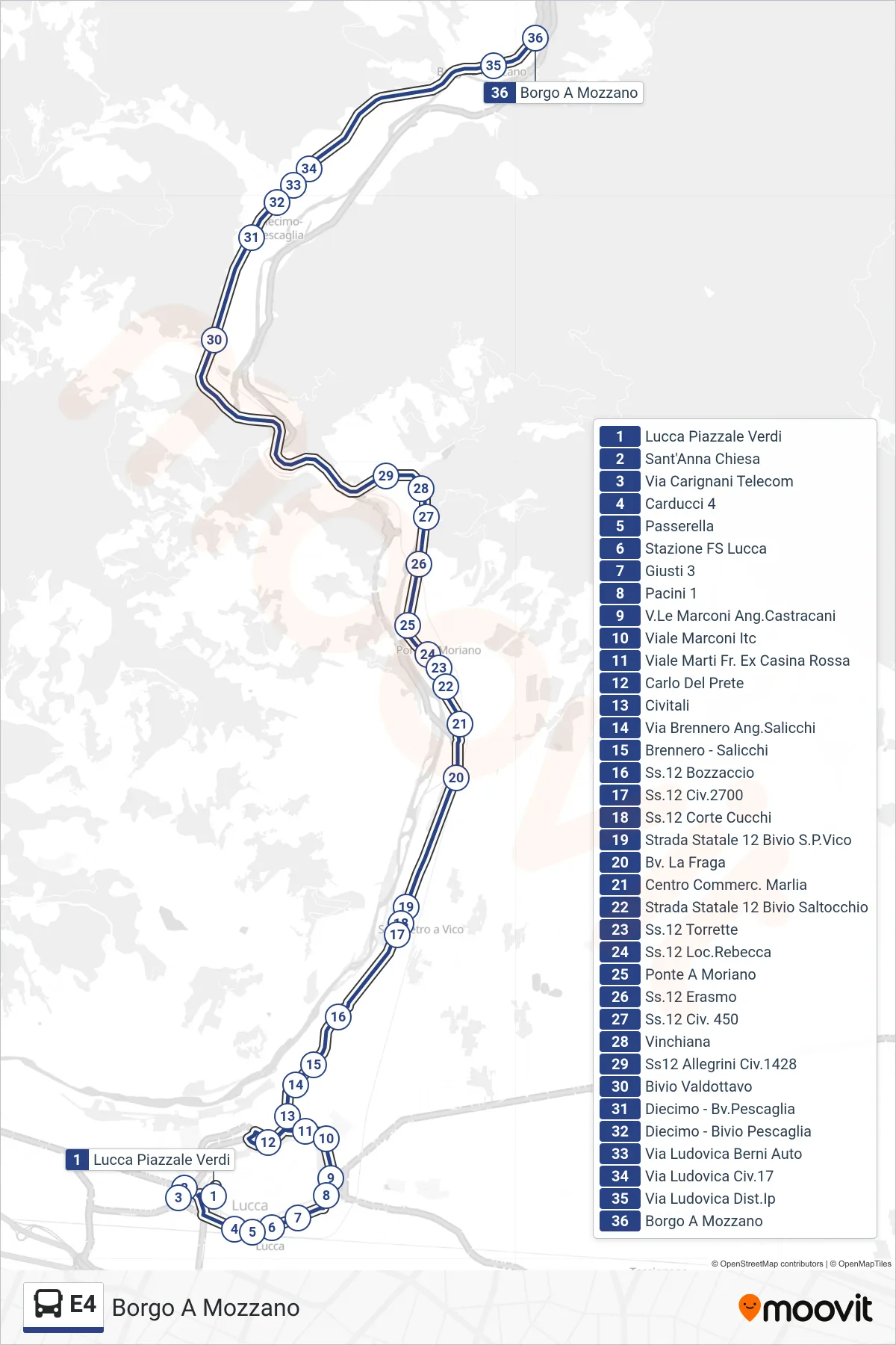 Linea E4 bus (Borgo A Mozzano) - Percorsi e fermate sulla mappa