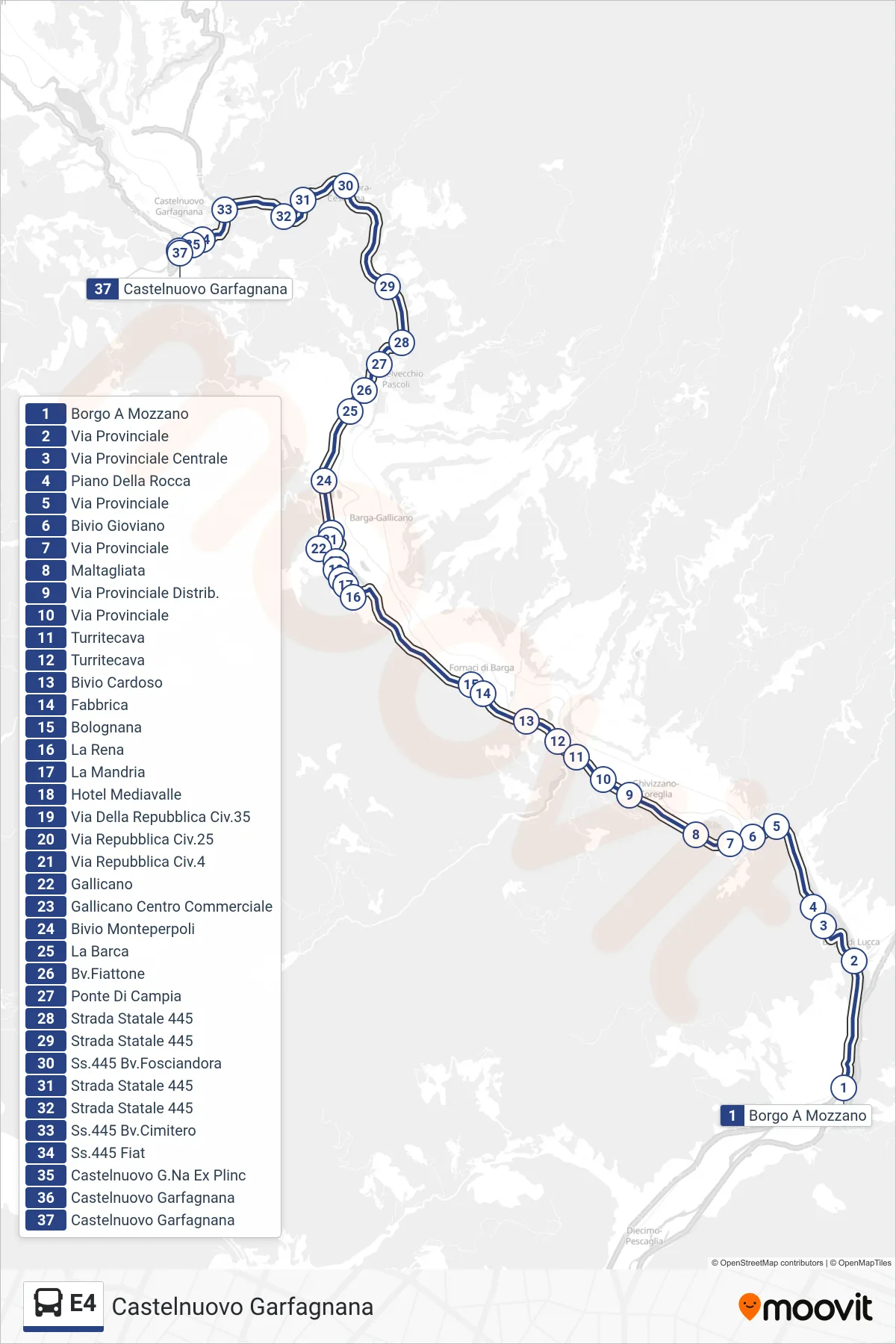 Linea E4 bus (Castelnuovo Garfagnana) - Percorsi e fermate sulla mappa