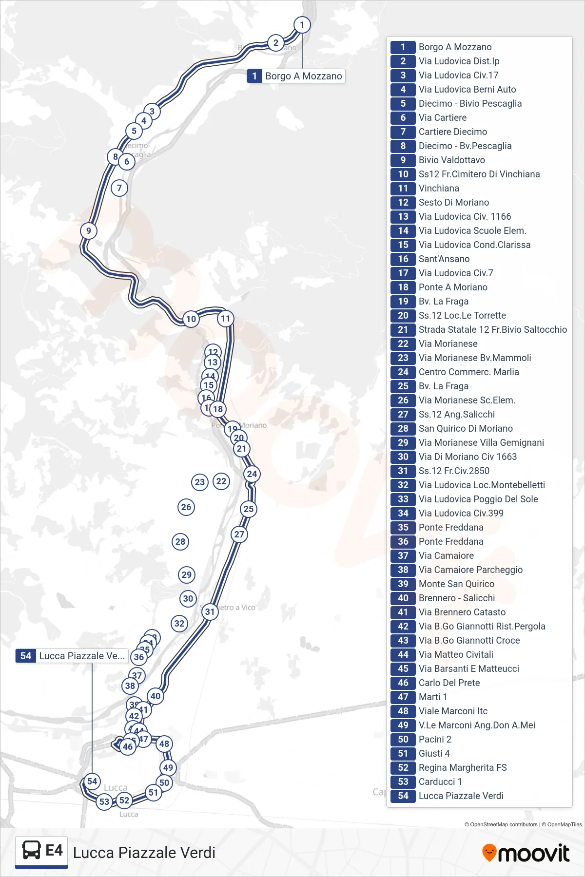 Linea E4 bus (Lucca Piazzale Verdi) - Percorsi e fermate sulla mappa