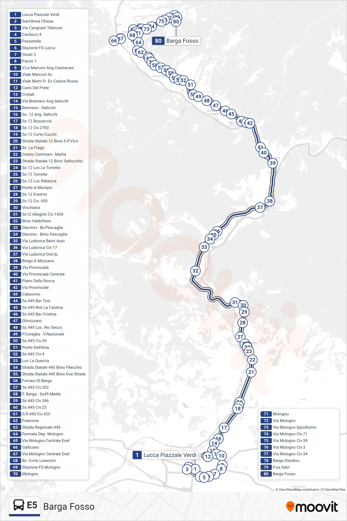 Linea E5 bus (Barga Fosso) - Percorsi e fermate sulla mappa