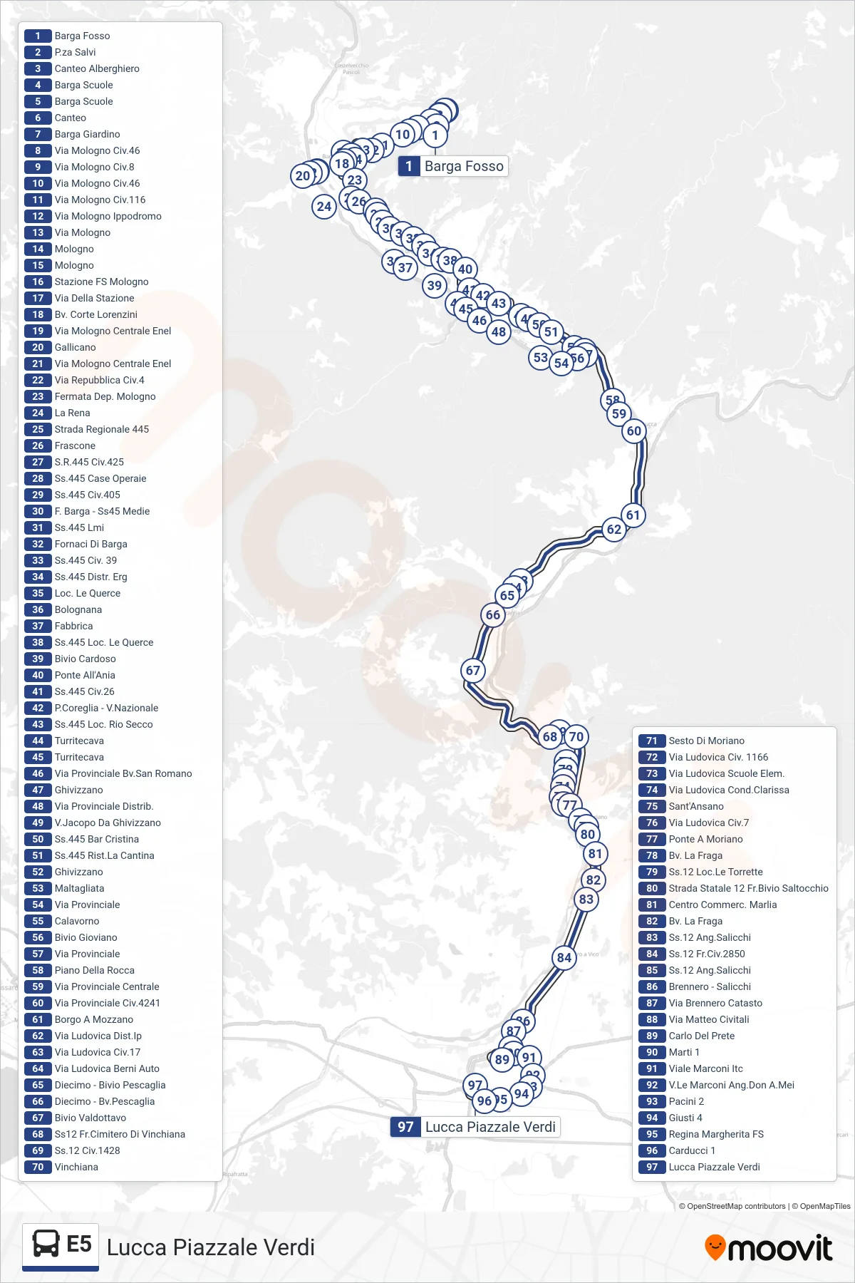 Linea E5 bus (Lucca Piazzale Verdi) - Percorsi e fermate sulla mappa