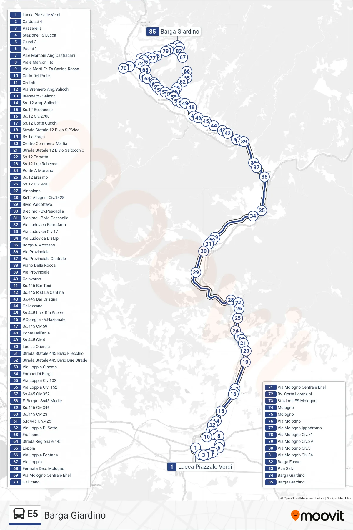 Linea E5 bus (Barga Giardino) - Percorsi e fermate sulla mappa