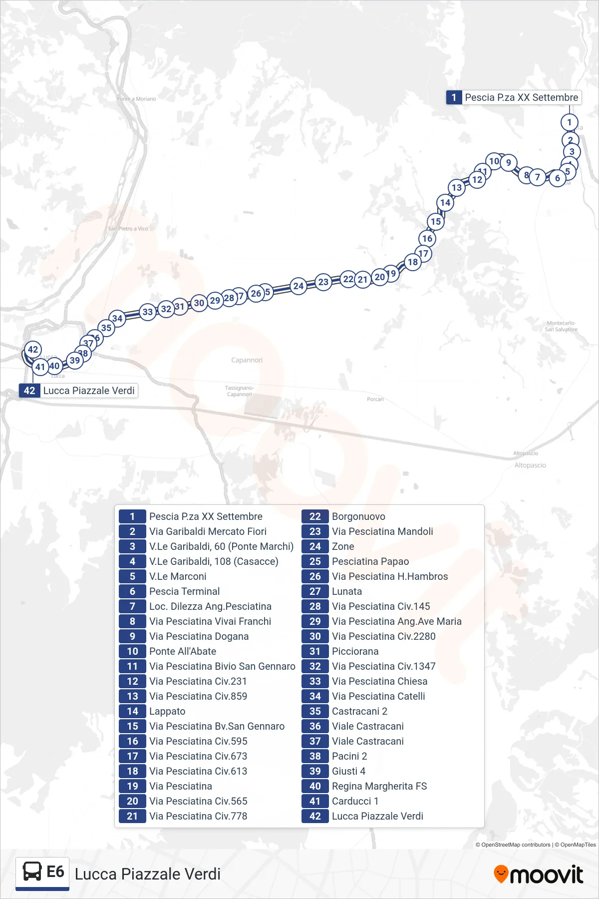Linea E6 bus (Lucca Piazzale Verdi) - Percorsi e fermate sulla mappa