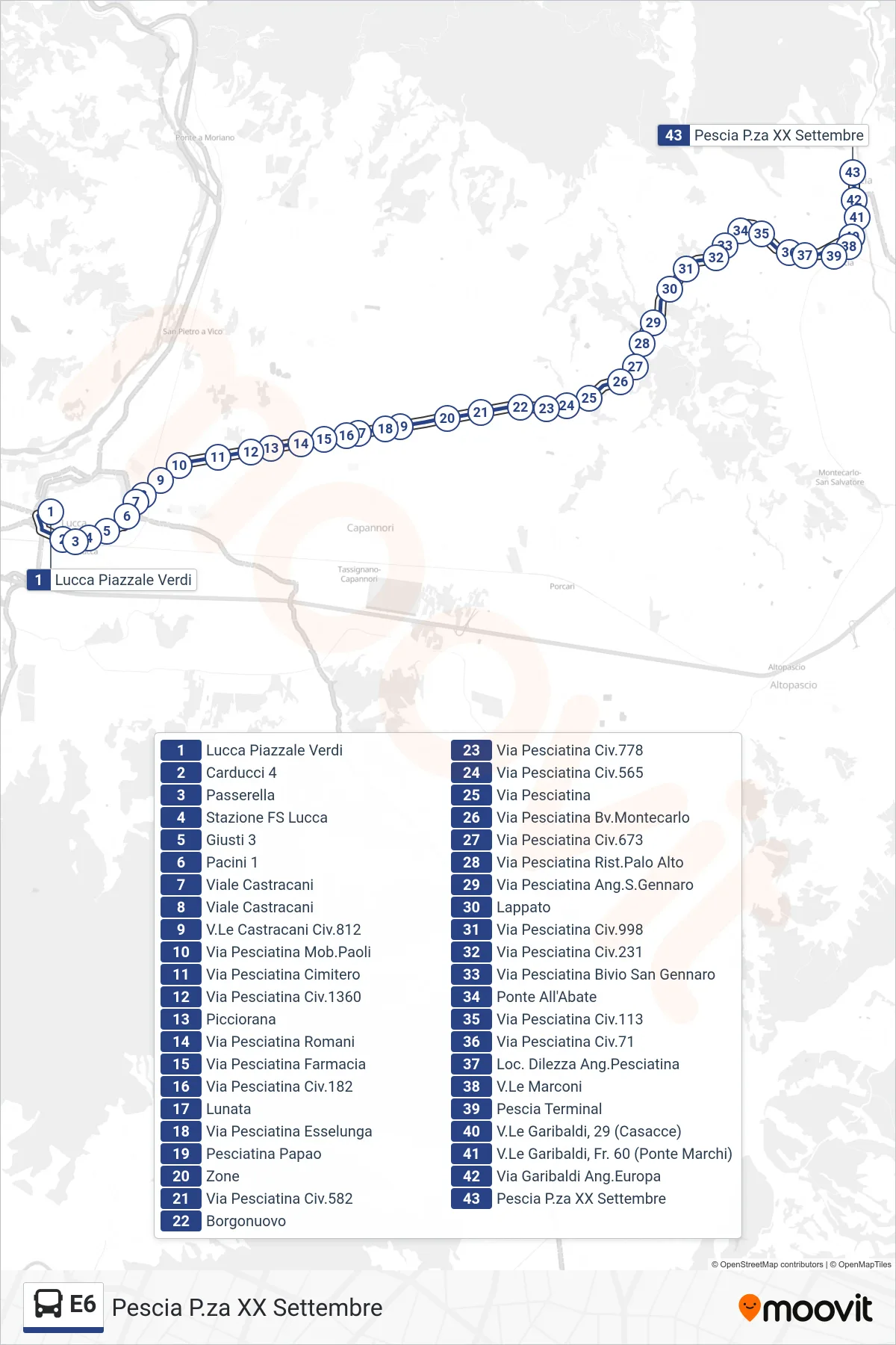 Linea E6 bus (Pescia P.za XX Settembre) - Percorsi e fermate sulla mappa
