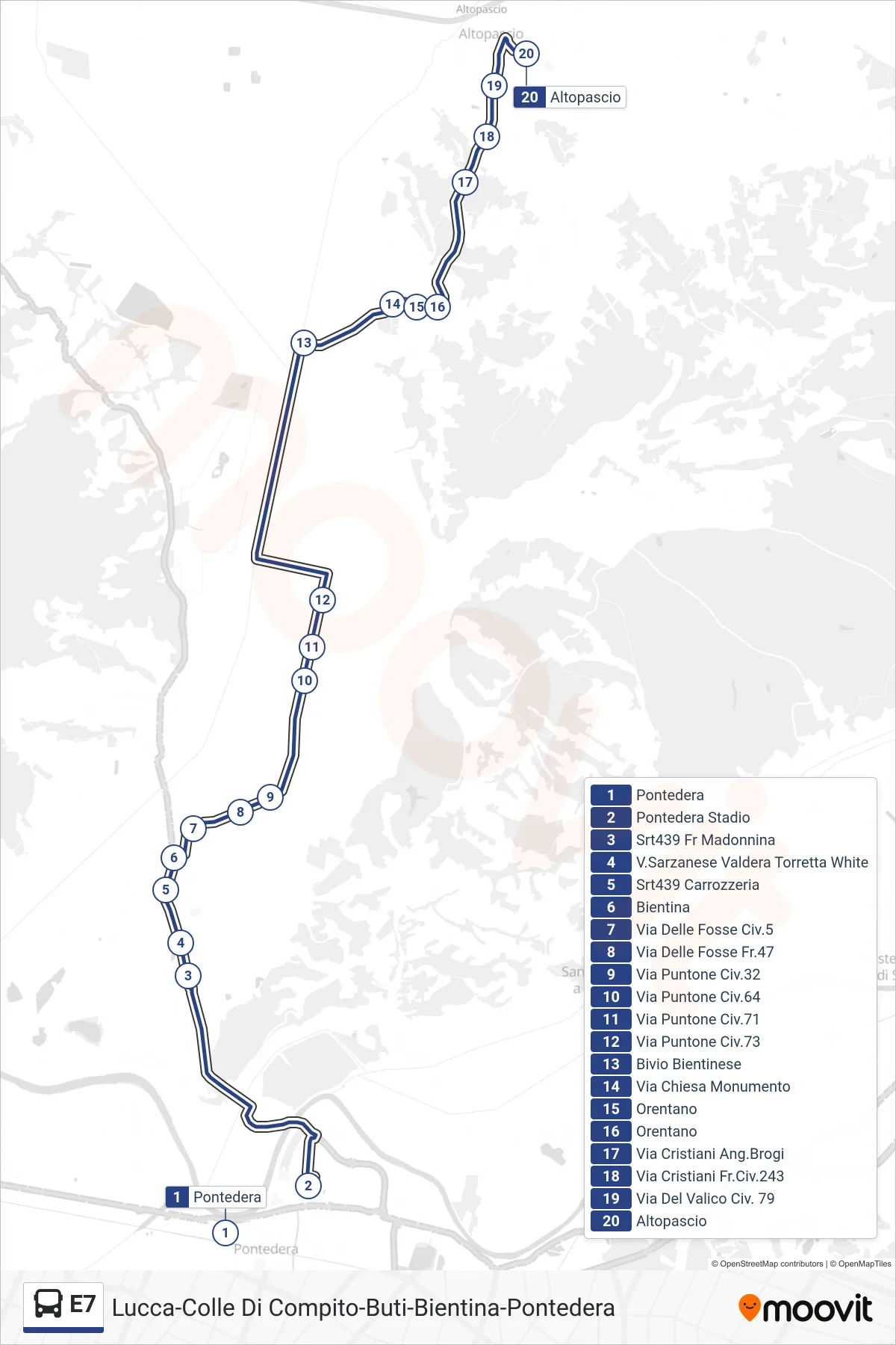 Linea E7 bus (Altopascio) - Percorsi e fermate sulla mappa