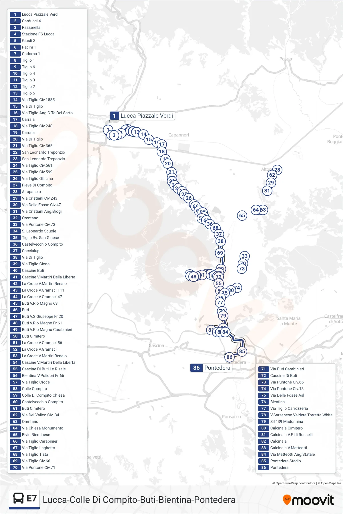 Linea E7 bus (Pontedera) - Percorsi e fermate sulla mappa