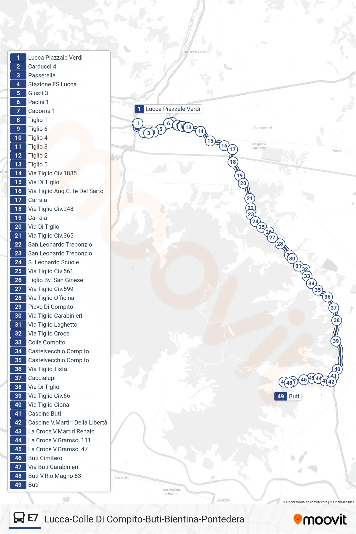 Linea E7 bus (Buti) - Percorsi e fermate sulla mappa