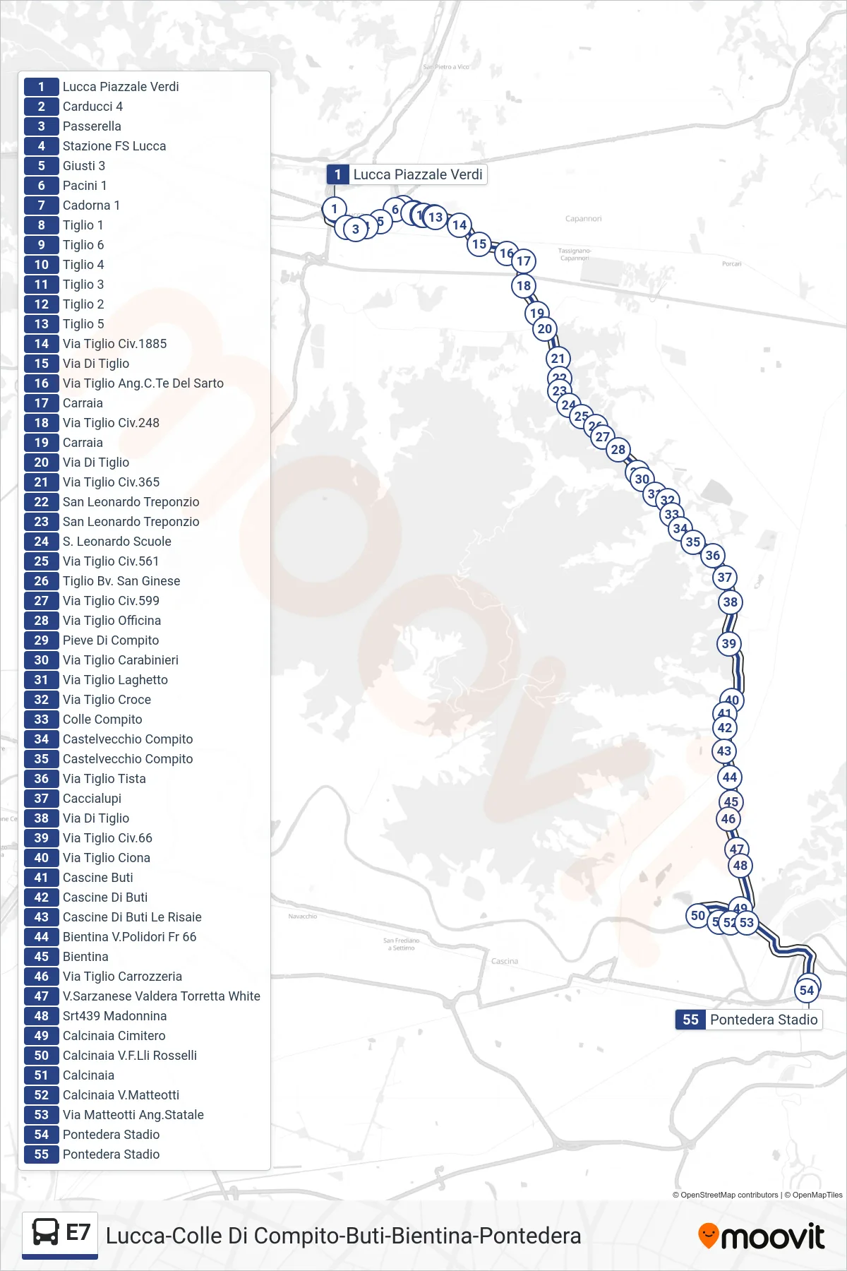 Linea E7 bus (Pontedera Stadio) - Percorsi e fermate sulla mappa