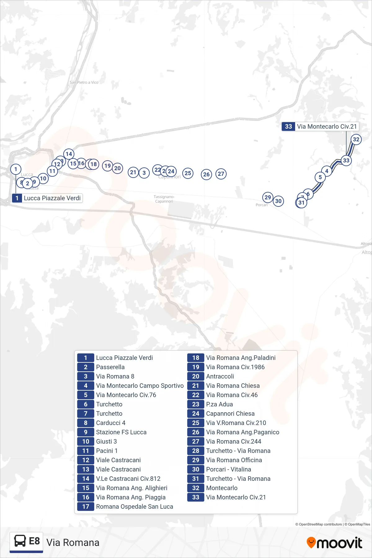Linea E8 bus (Via Romana) - Percorsi e fermate sulla mappa