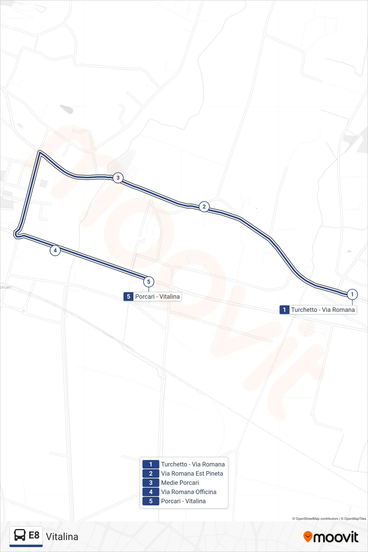 E8 bus Line (Vitalina) route and stops on a map