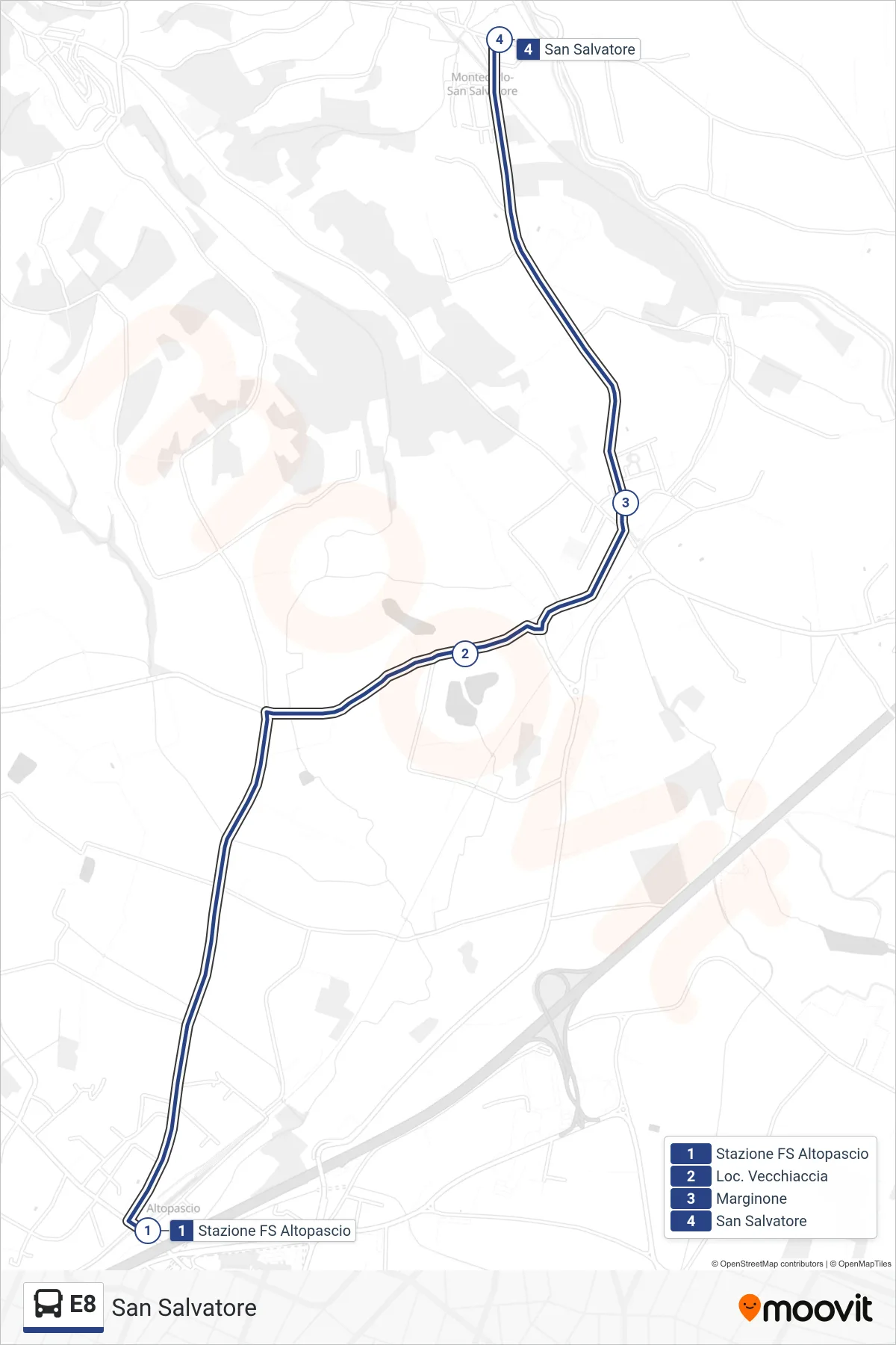 Linea E8 bus (San Salvatore) - Percorsi e fermate sulla mappa