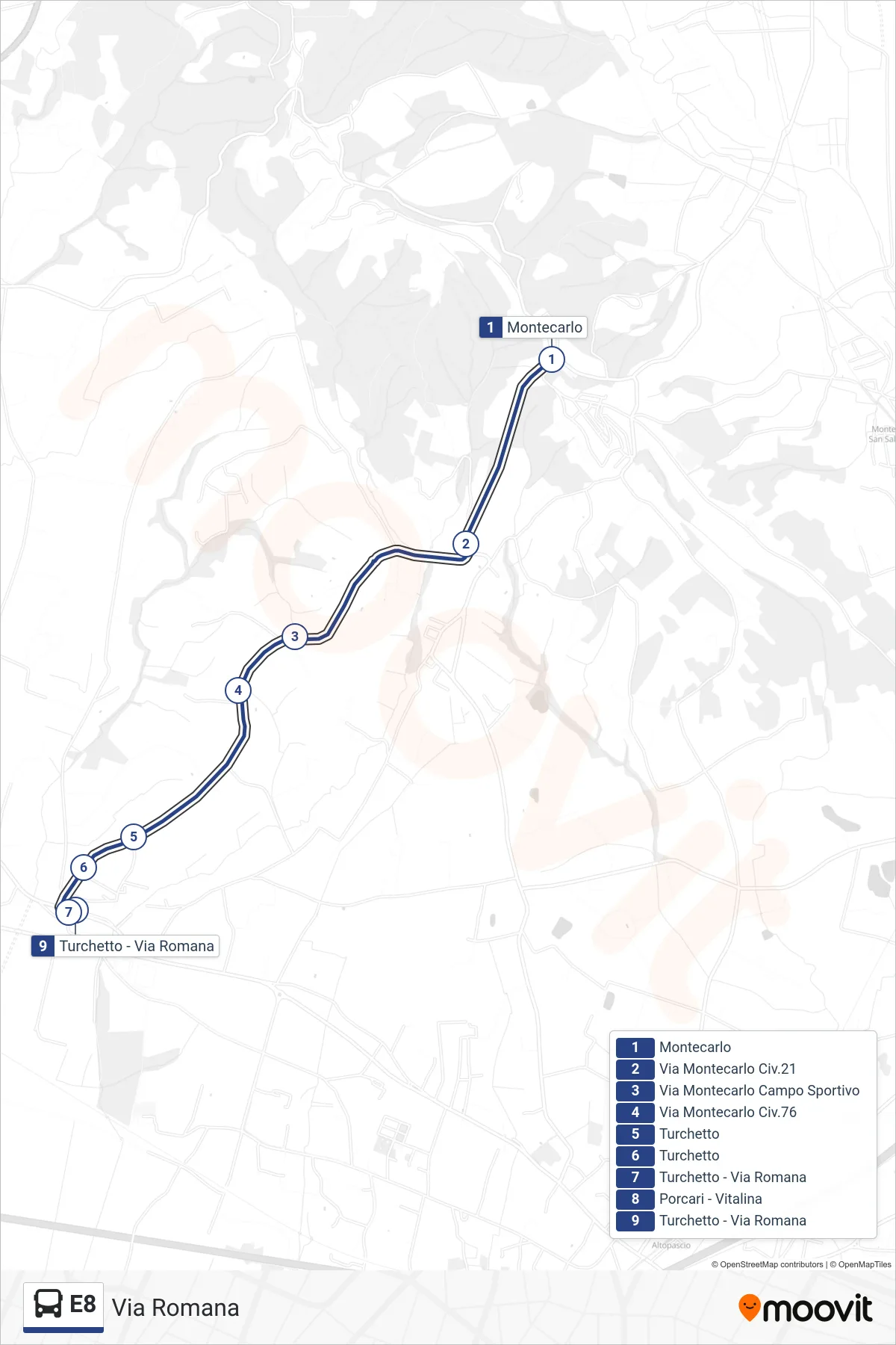 E8 bus Line (Roman Street) route and stops on a map