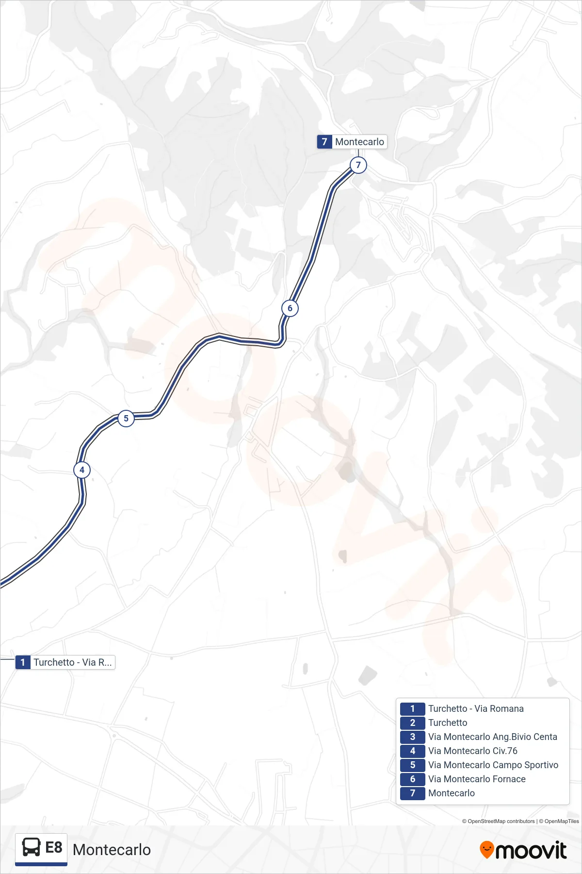 Linea E8 bus (Montecarlo) - Percorsi e fermate sulla mappa