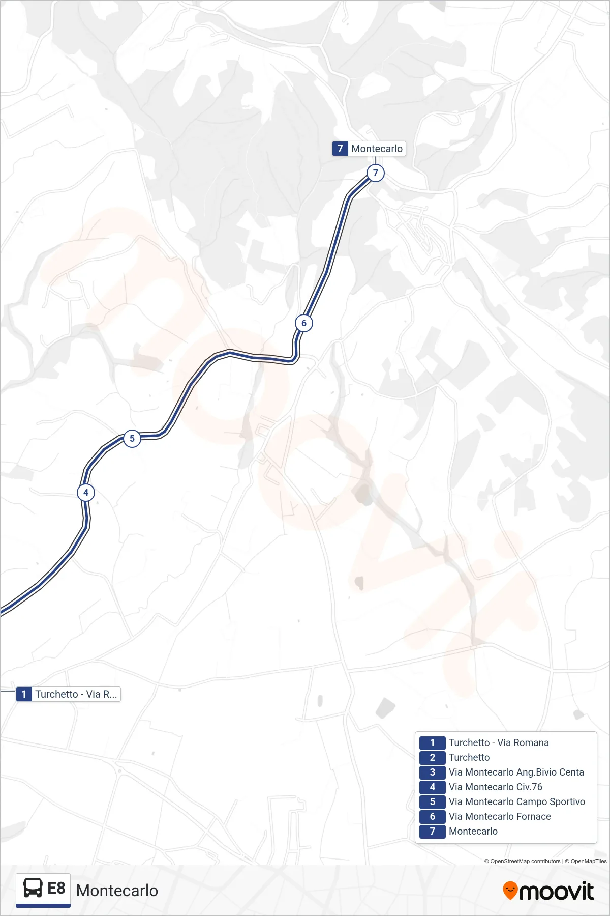 Linea E8 bus (Montecarlo) - Percorsi e fermate sulla mappa