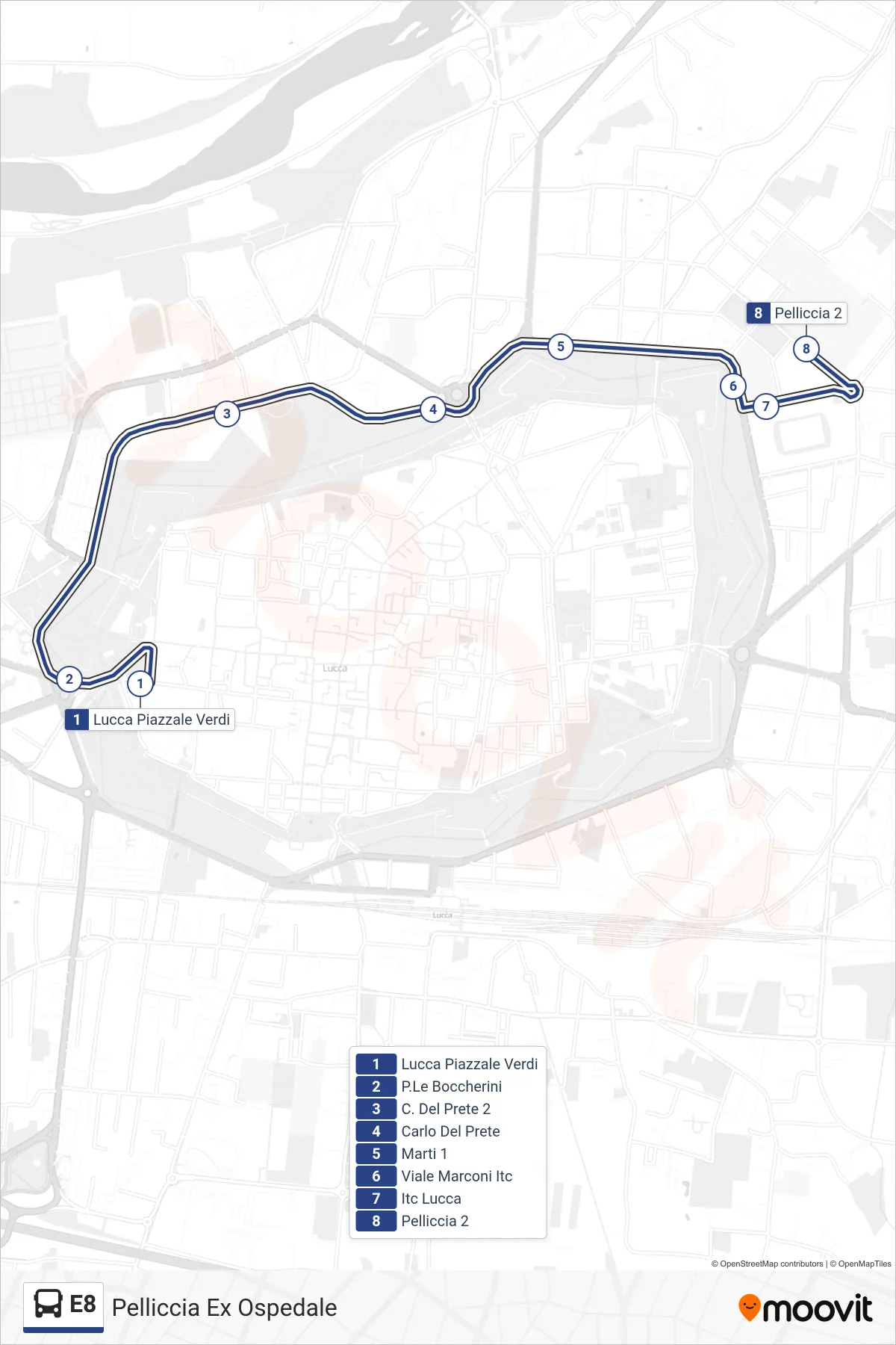 E8 bus Line (Pelliccia Former Hospital) route and stops on a map