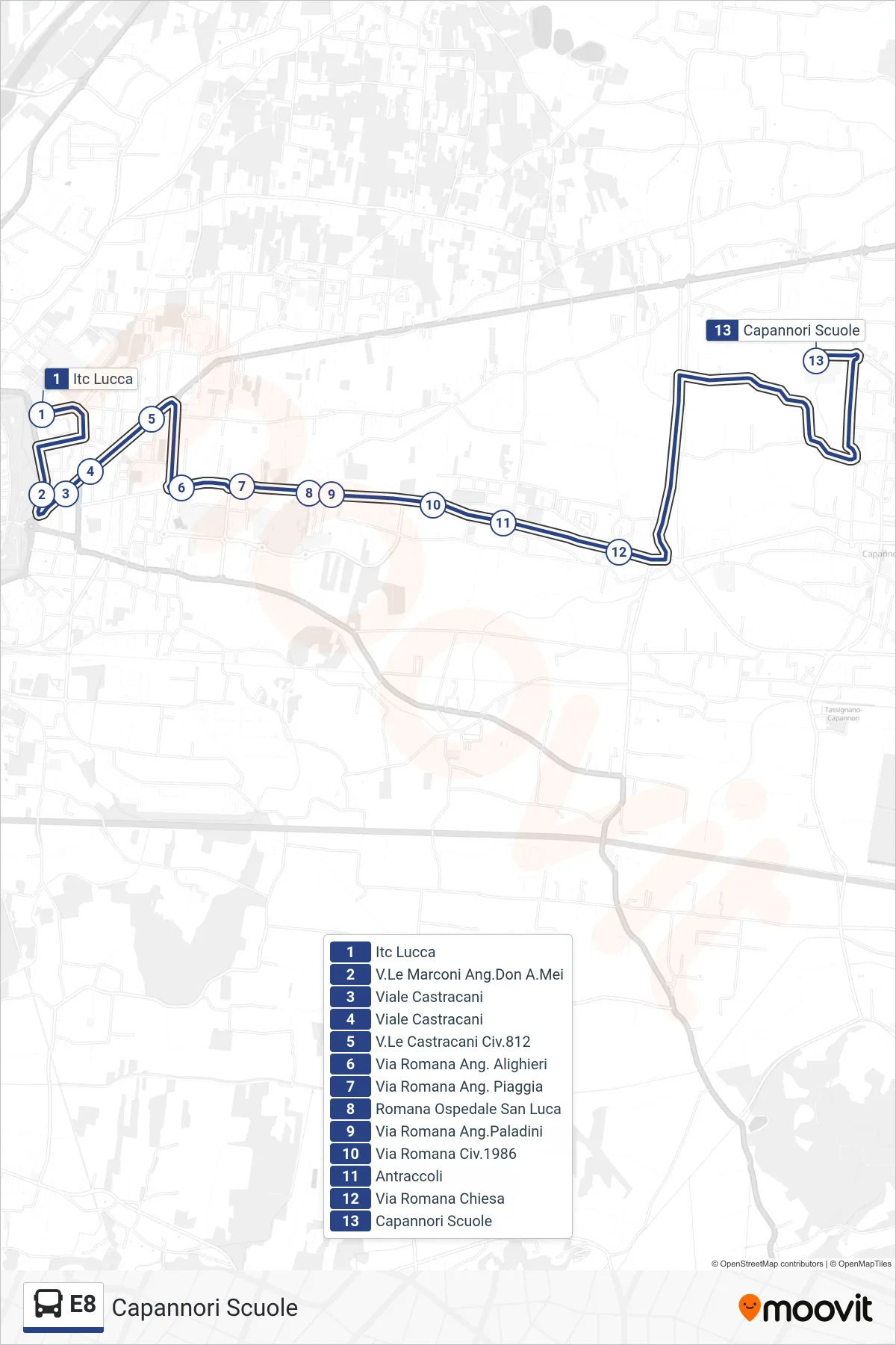 E8 bus Line (Capannori Schools) route and stops on a map