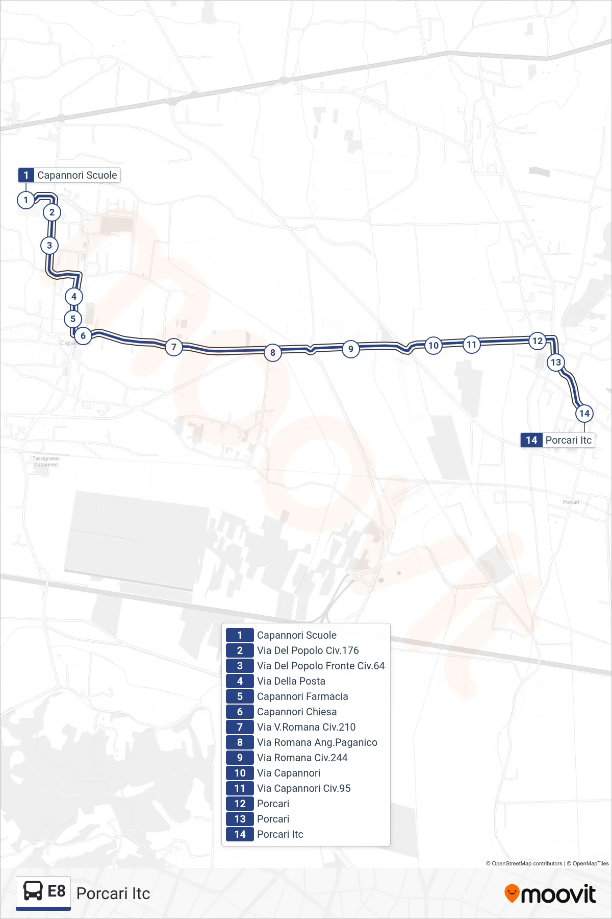 Linea E8 bus (Porcari Itc) - Percorsi e fermate sulla mappa