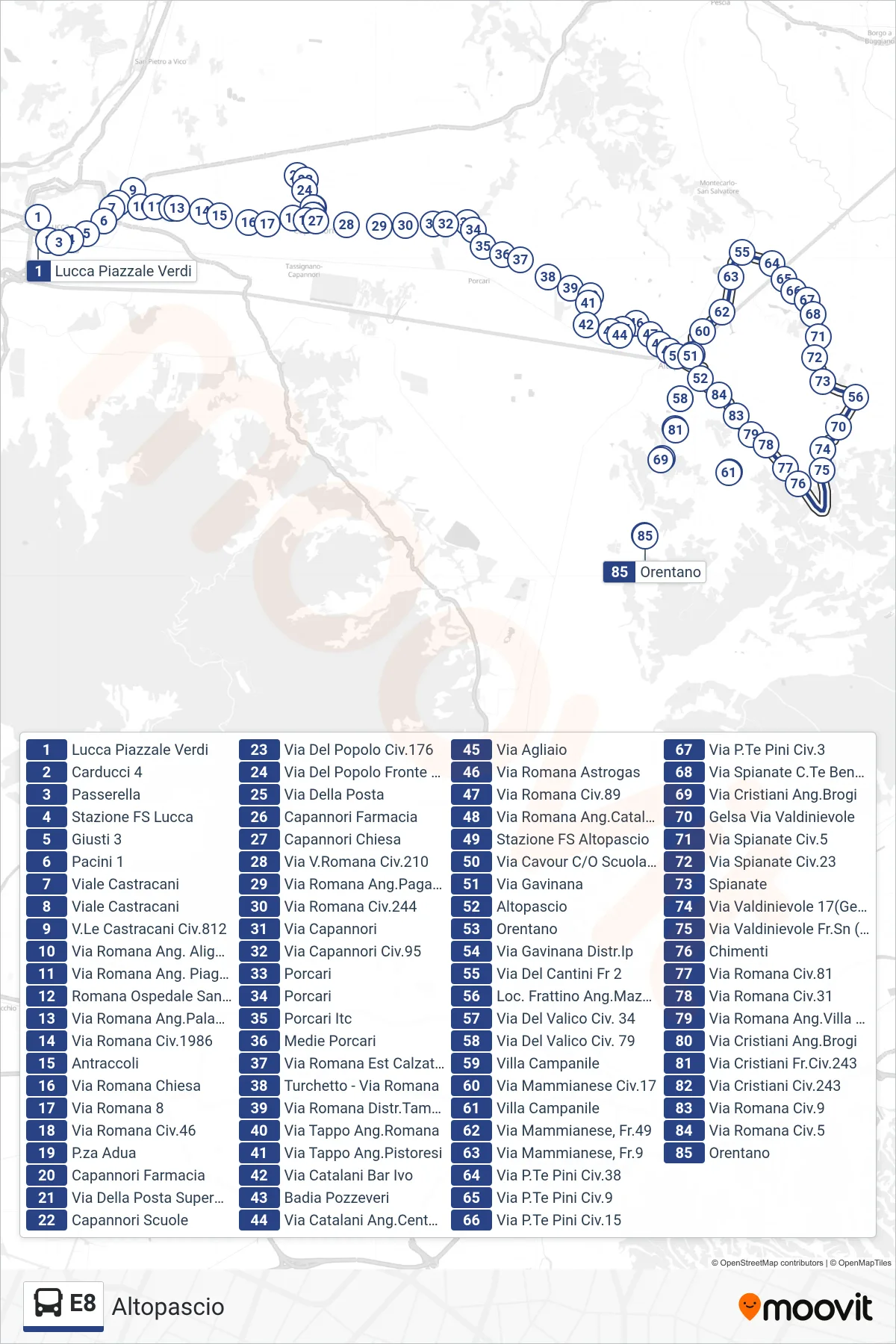 Linea E8 bus (Altopascio) - Percorsi e fermate sulla mappa