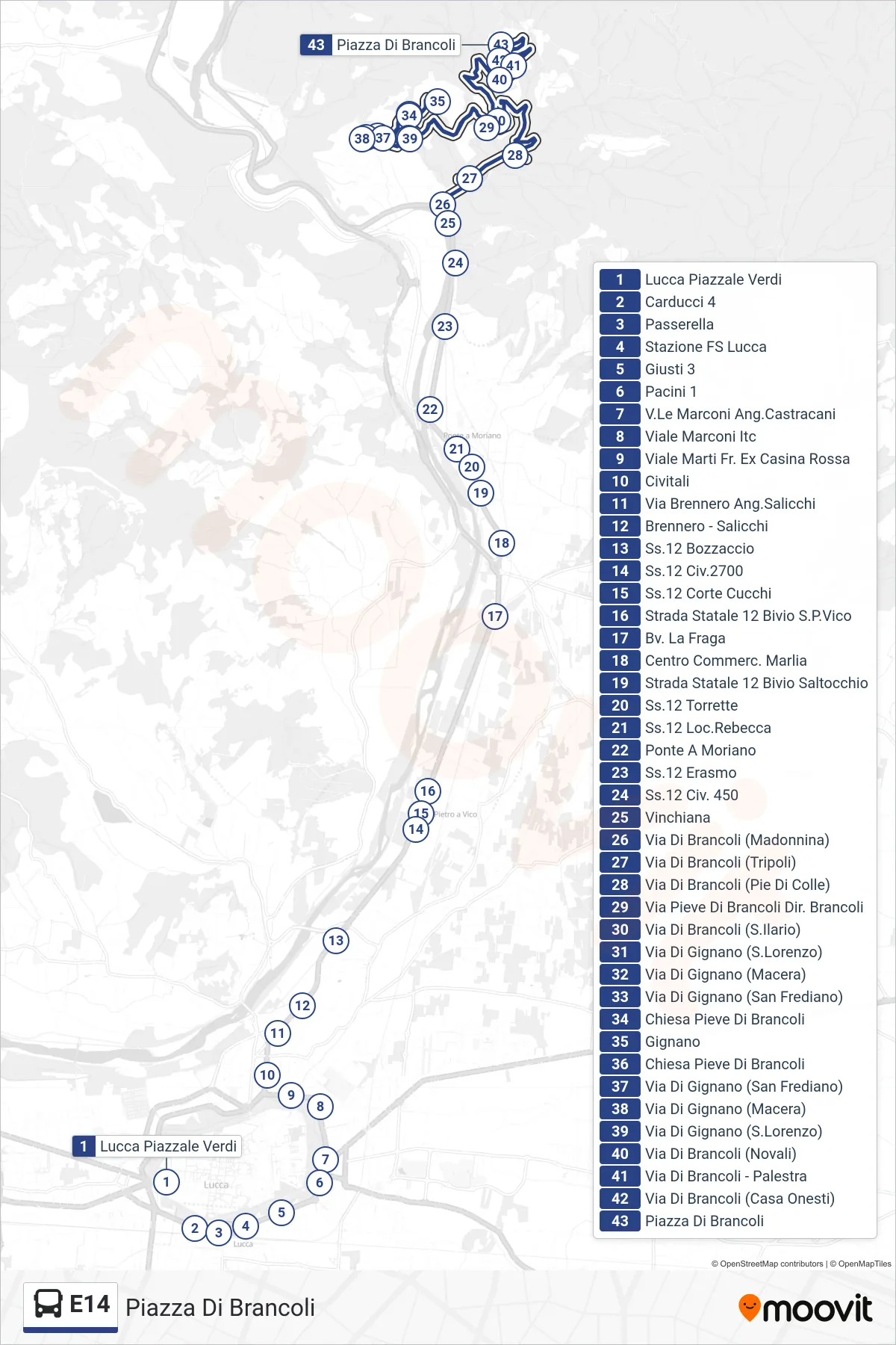 E14 bus Line (Brancoli Square) route and stops on a map