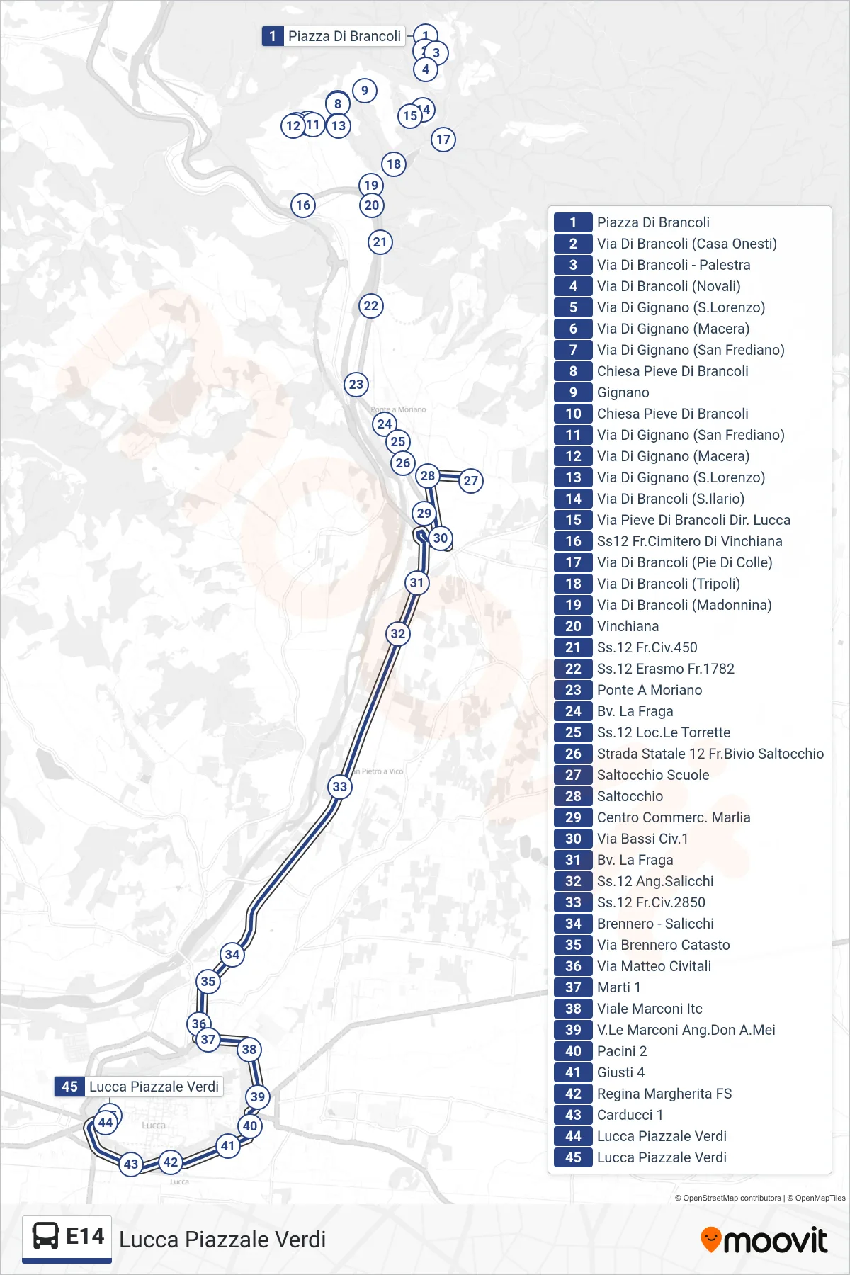 Linea E14 bus (Lucca Piazzale Verdi) - Percorsi e fermate sulla mappa