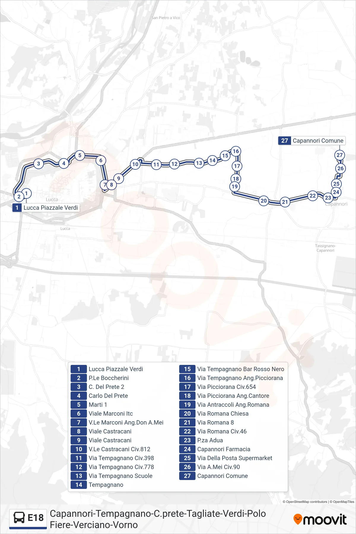 Linea E18 bus (Capannori Comune) - Percorsi e fermate sulla mappa