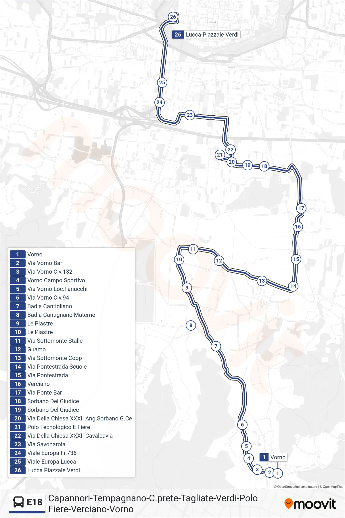 Linea E18 bus (Lucca Piazzale Verdi) - Percorsi e fermate sulla mappa