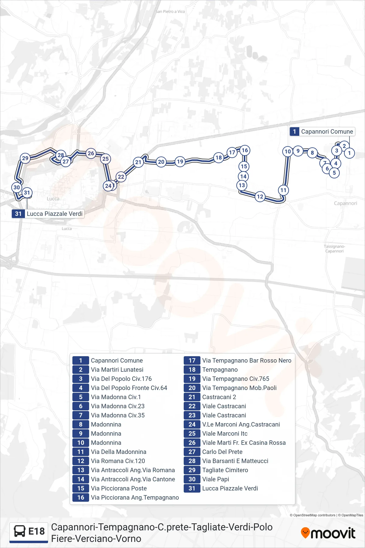 Linea E18 bus (Lucca Piazzale Verdi) - Percorsi e fermate sulla mappa