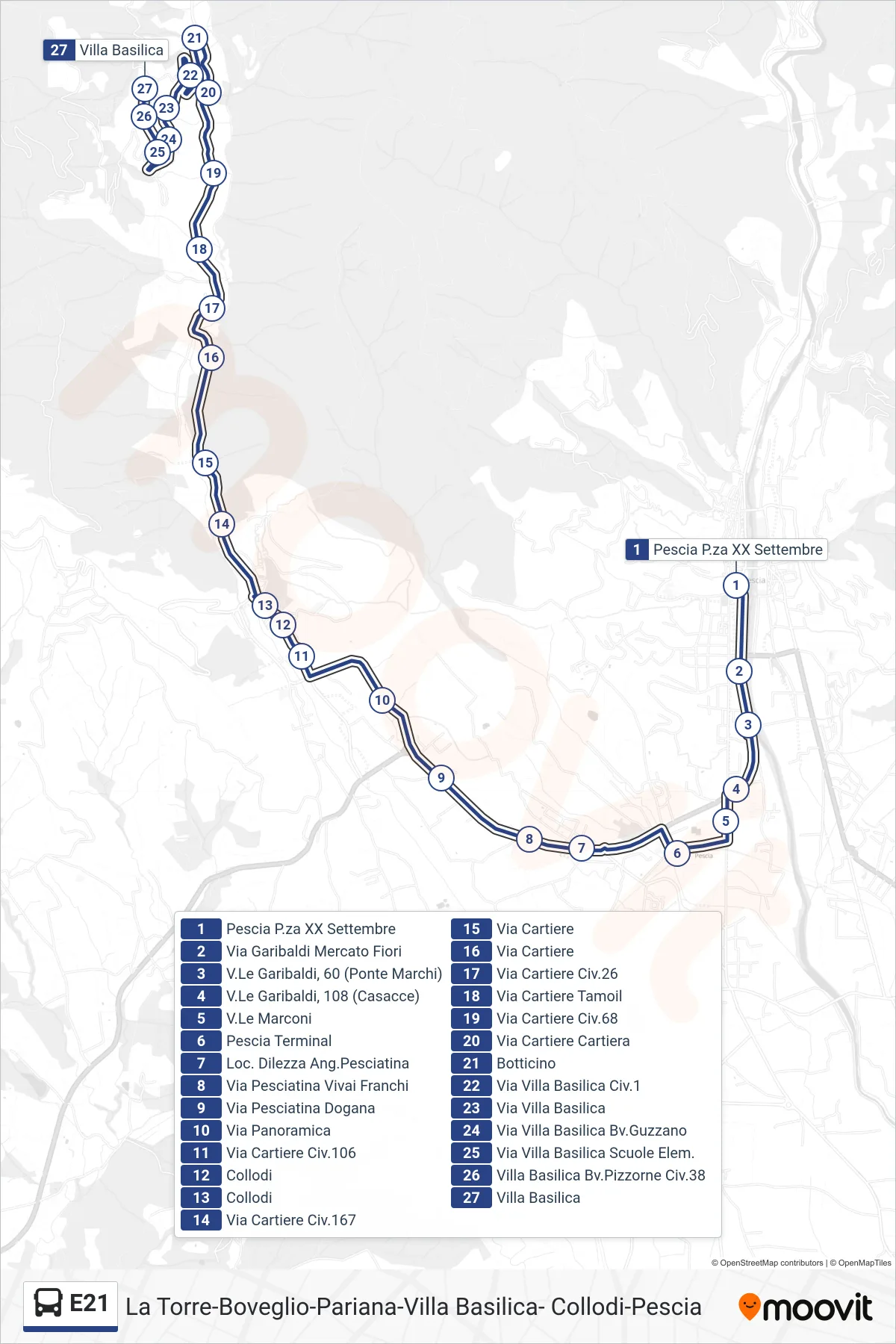 Linea E21 bus (Villa Basilica) - Percorsi e fermate sulla mappa