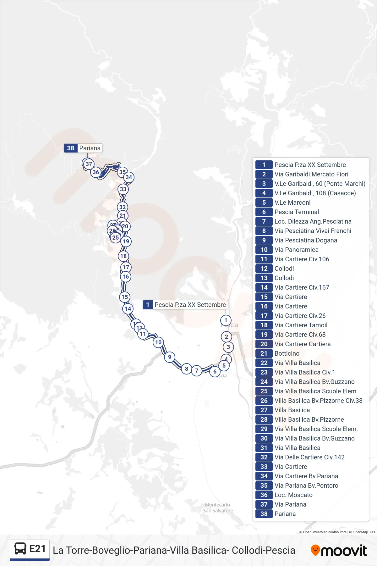 Linea E21 bus (Pariana) - Percorsi e fermate sulla mappa