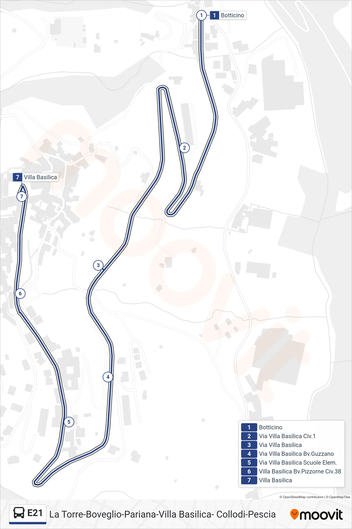 Linea E21 bus (Villa Basilica) - Percorsi e fermate sulla mappa