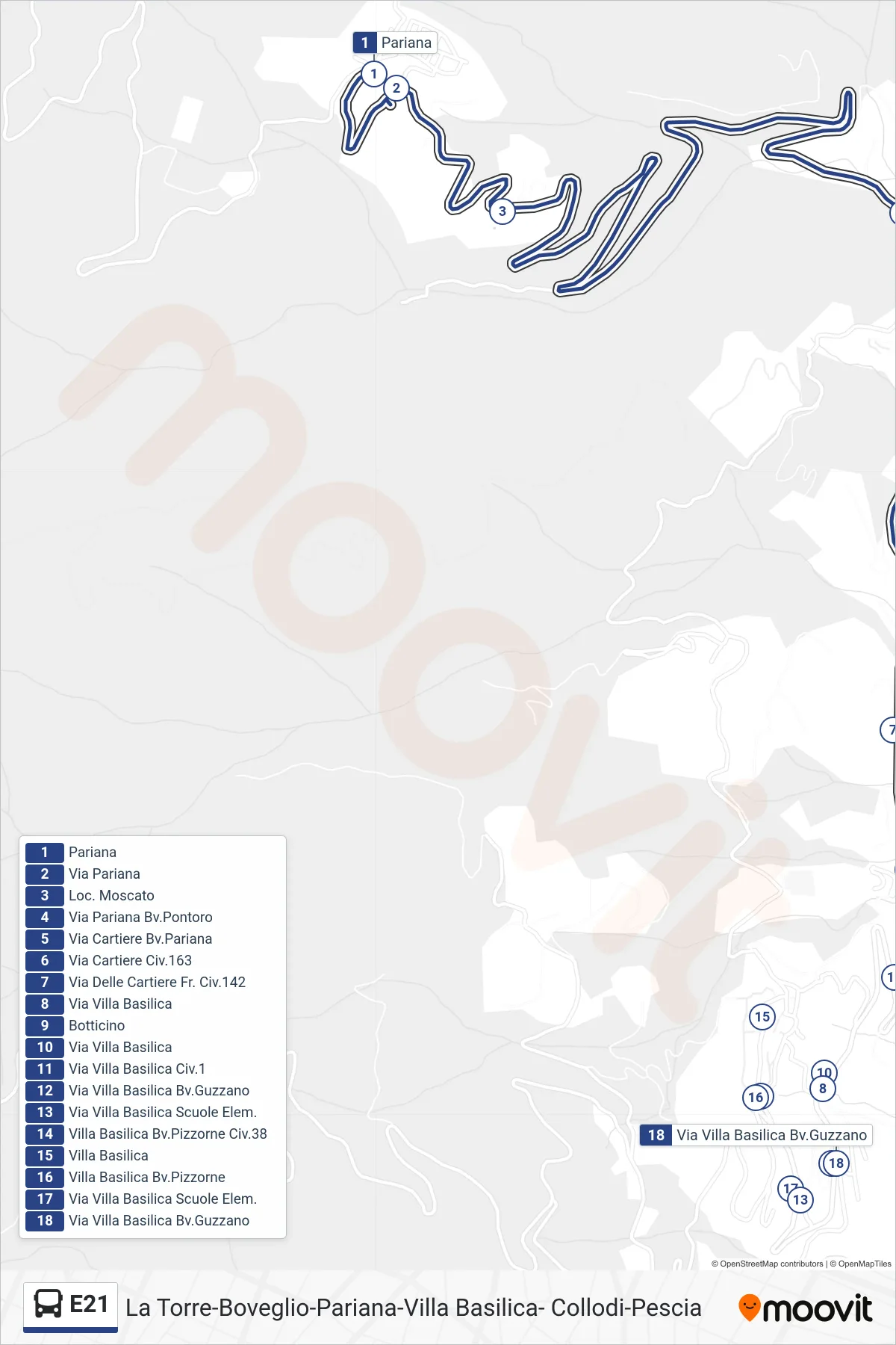 E21 bus Line (Botticino) route and stops on a map