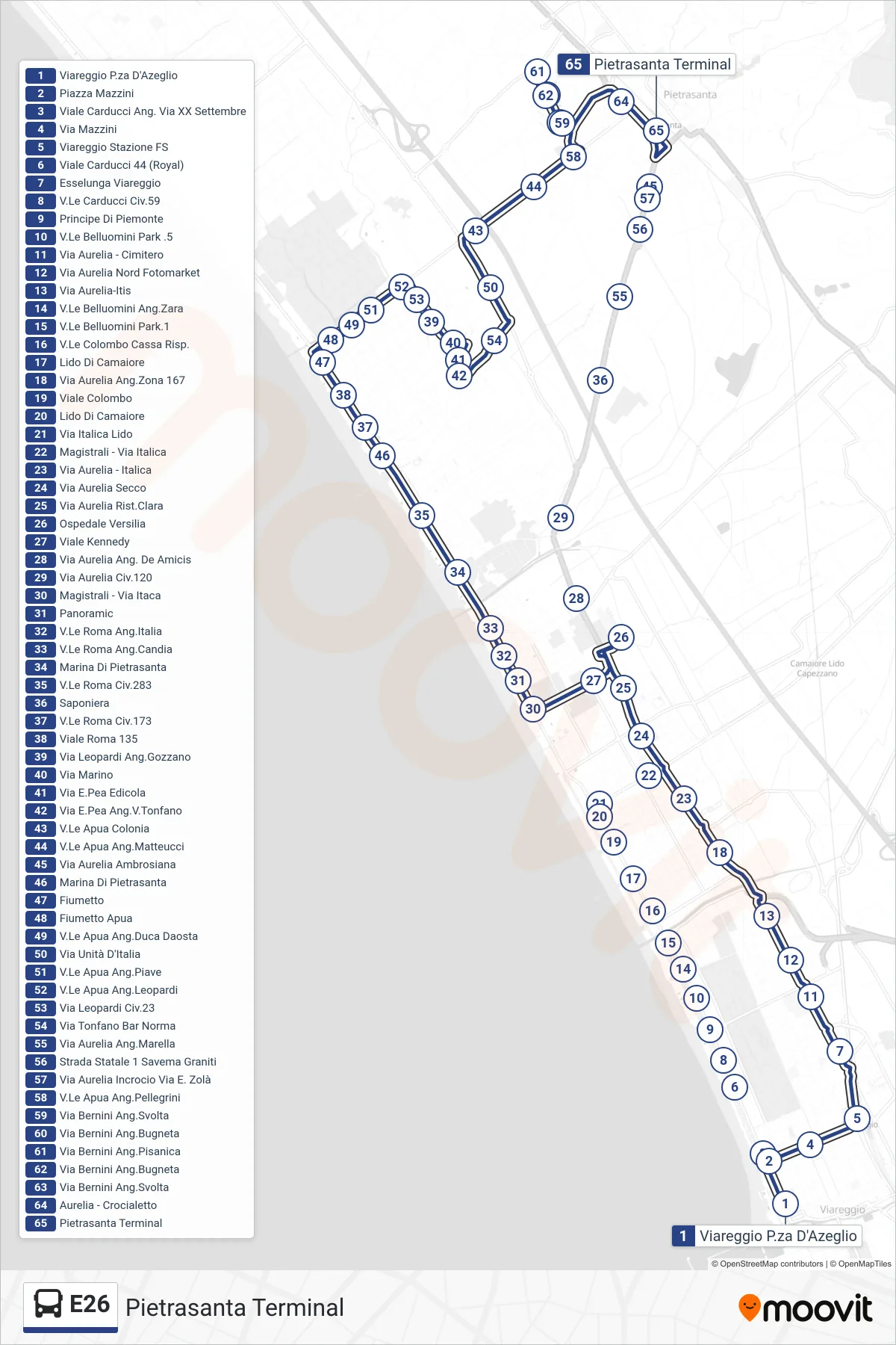 Linea E26 bus (Pietrasanta Terminal) - Percorsi e fermate sulla mappa