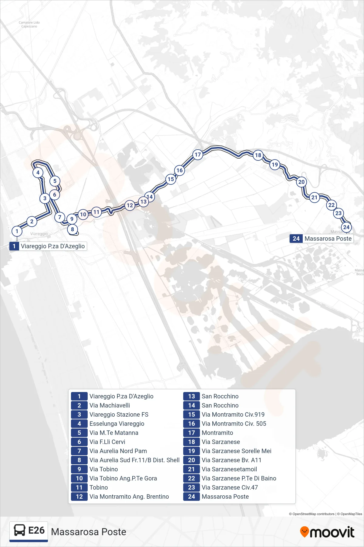 Linea E26 bus (Massarosa Poste) - Percorsi e fermate sulla mappa