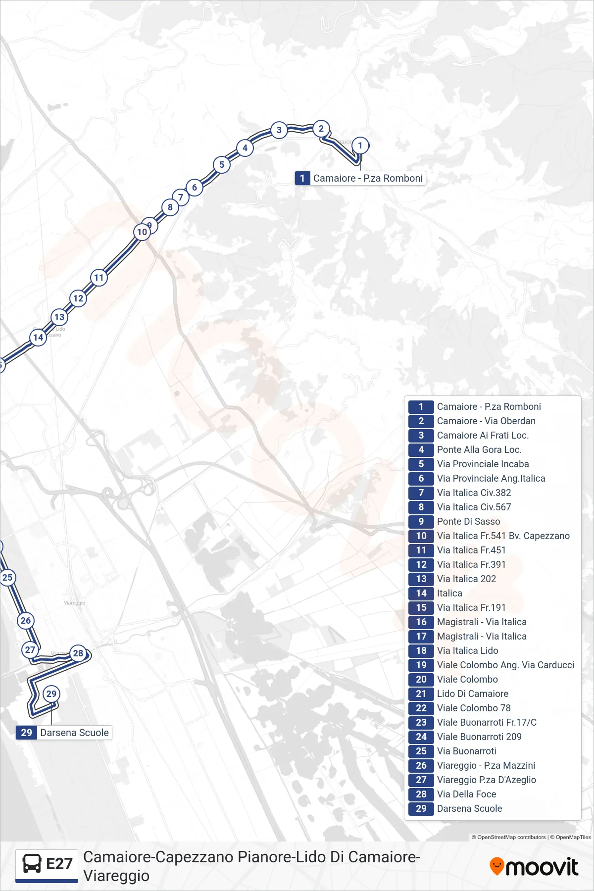 Linea E27 bus (Darsena Scuole) - Percorsi e fermate sulla mappa