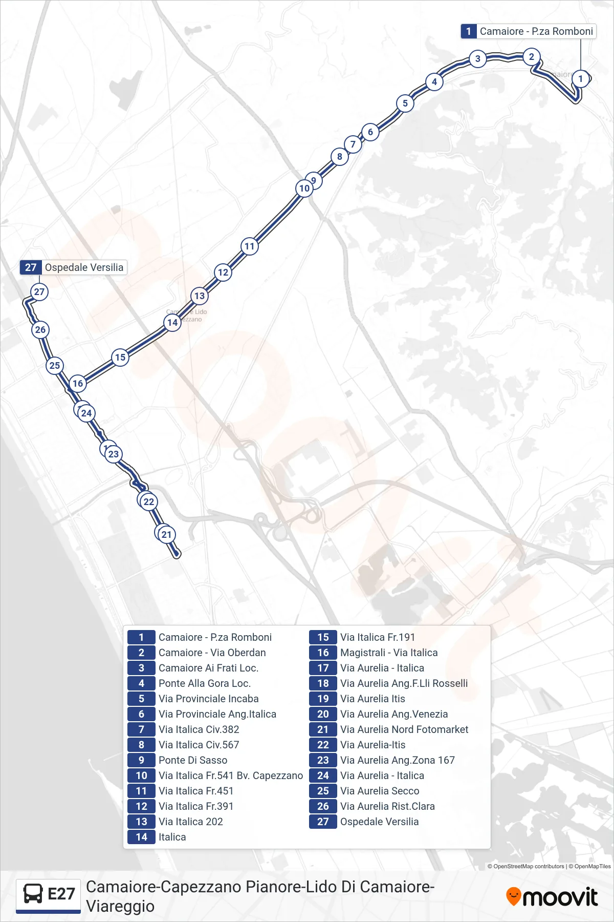Linea E27 bus (Ospedale Versilia) - Percorsi e fermate sulla mappa